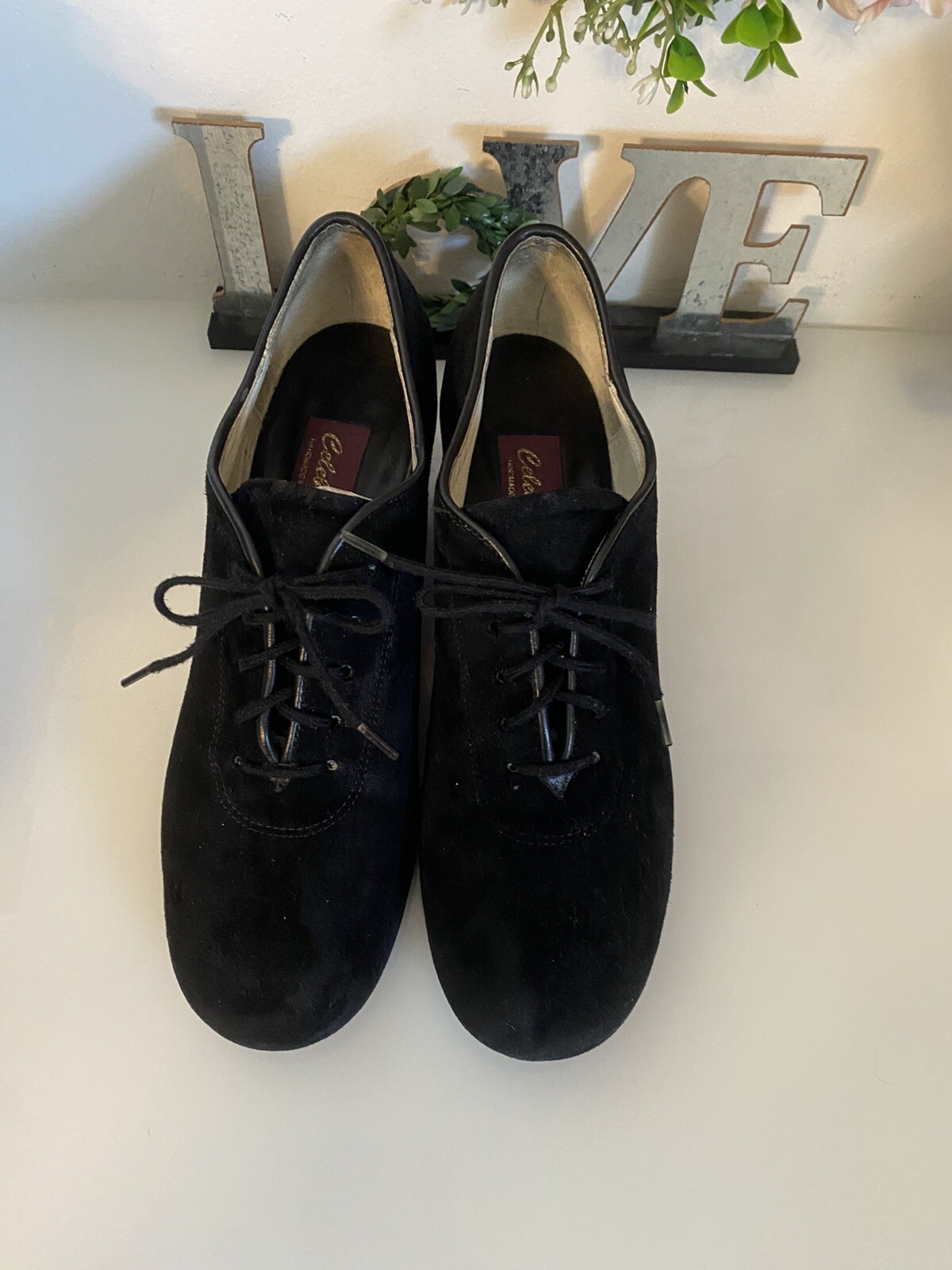 Vintage Celebrity Suede Handmade In USA Black Lace Up Heel Shoes Women Size 7.5