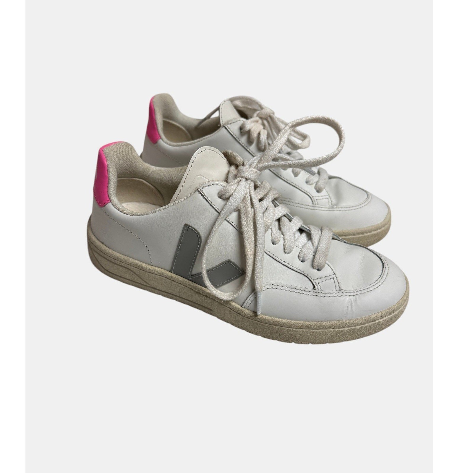 VEJA V-12 Sneakers Womens EU36/US5 White Hot Pink Leather Minimalist Casual EUC
