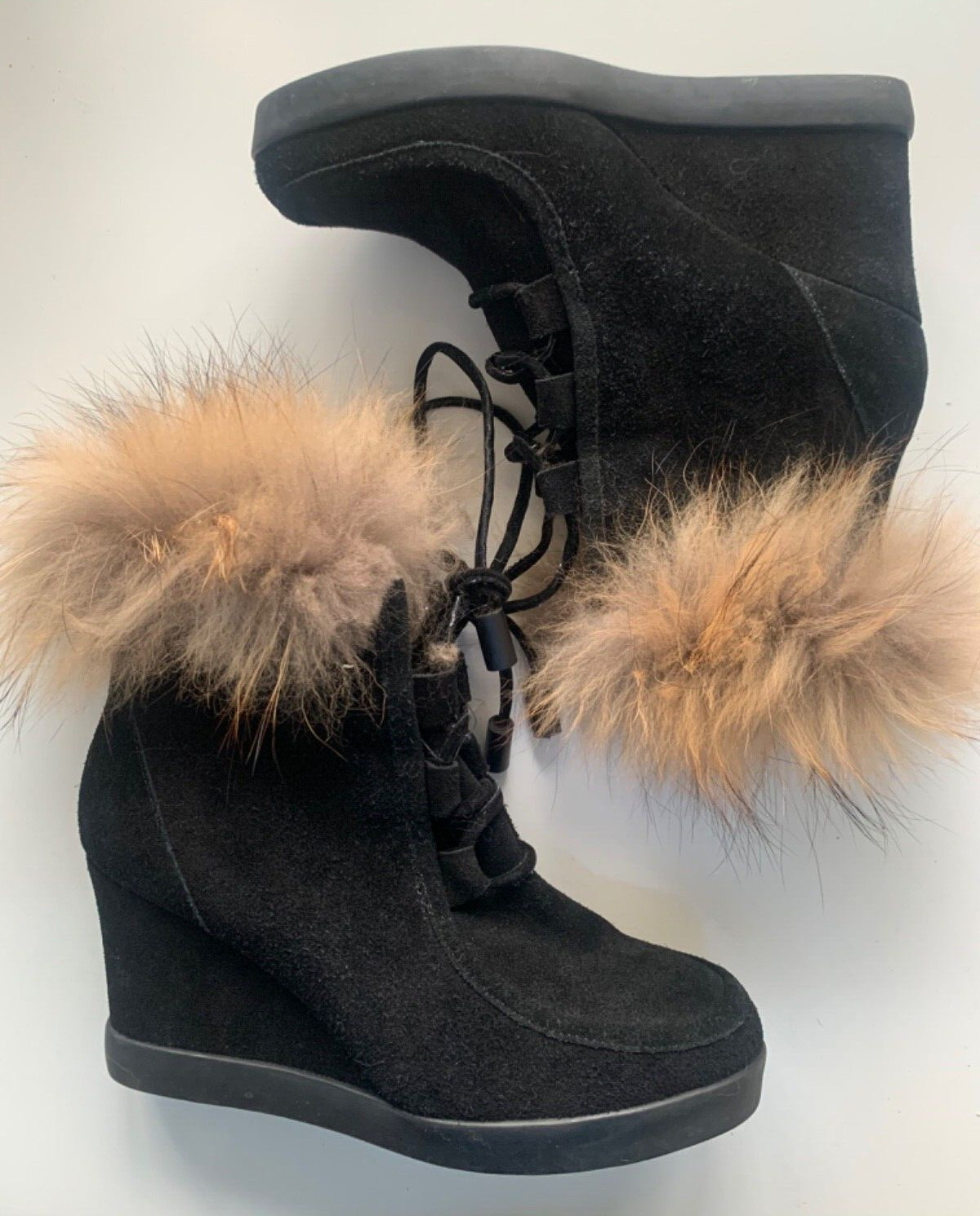 BARNEYS NEW YORK Womens Boots 8 7.5 HEIDI Hidden Wedge FOX FUR Leather SUEDE