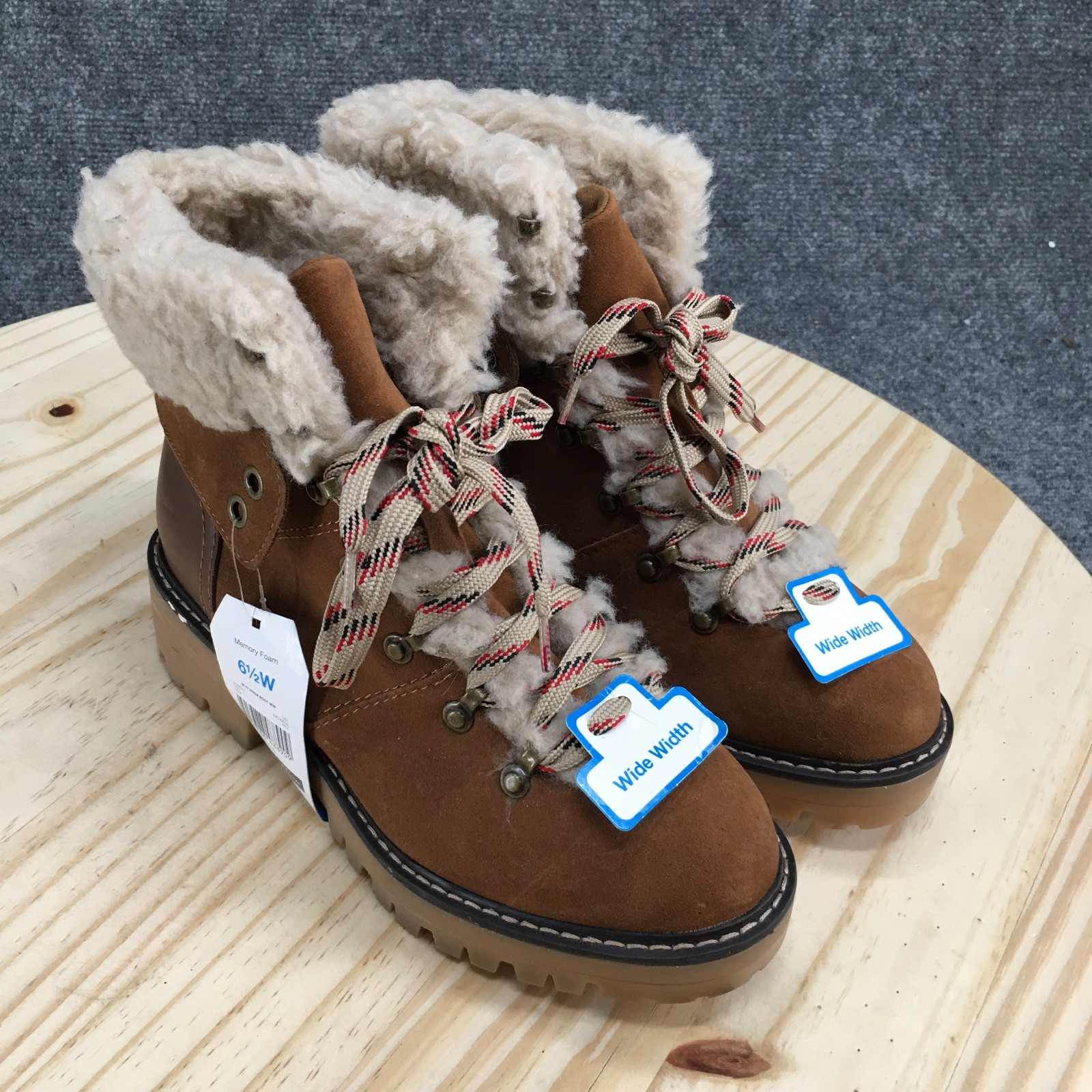 NEW Time And Tru Boots Womens 6.5W Cozy Hiker Ankle Bootie Brown Faux Fur Lined
