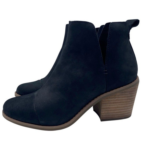 TOMS Womens Shoes Leather Booties Sz 6 Black Stacked Heel Casual Side Cut Ankle
