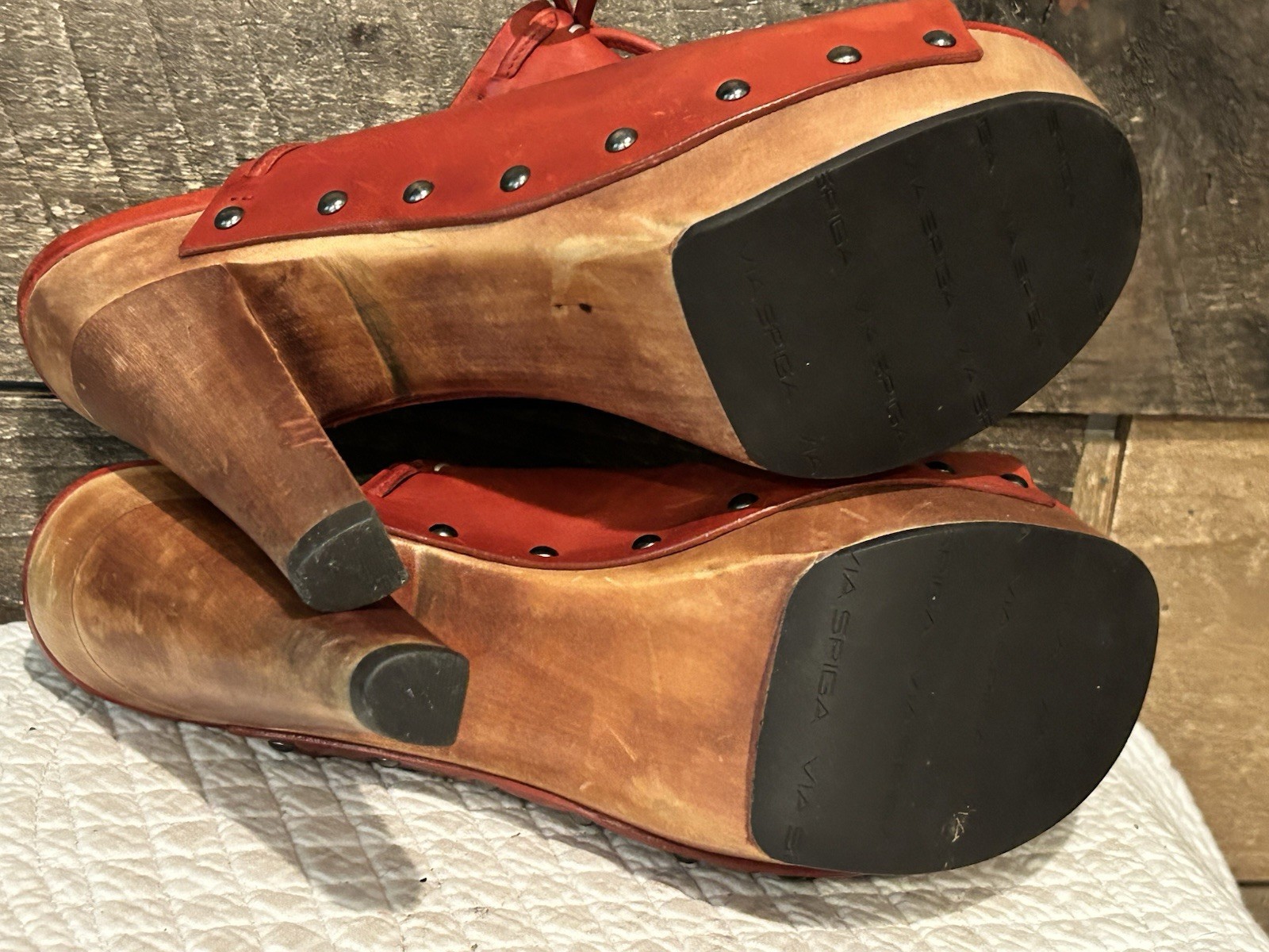 90s Platform Clog Mules Size 8 Via Spiga Red Leather Wood Studded Peep Toe 70s