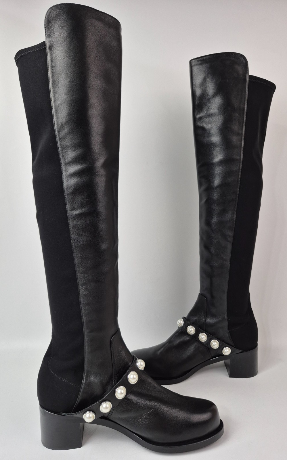 Stuart Weitzman Women’s Black Portia 5050 Studded Pearl Boots Size 9
