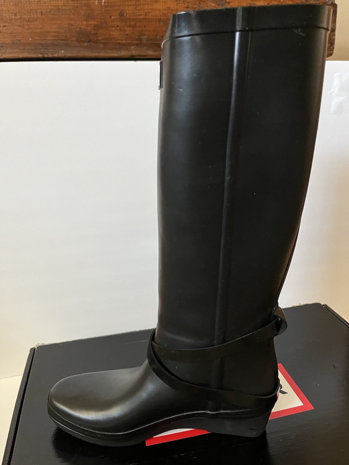 Hunter Andora Black Rain Boots Womens 7 Tall Wedge Heel Buckle Waterproof 23954