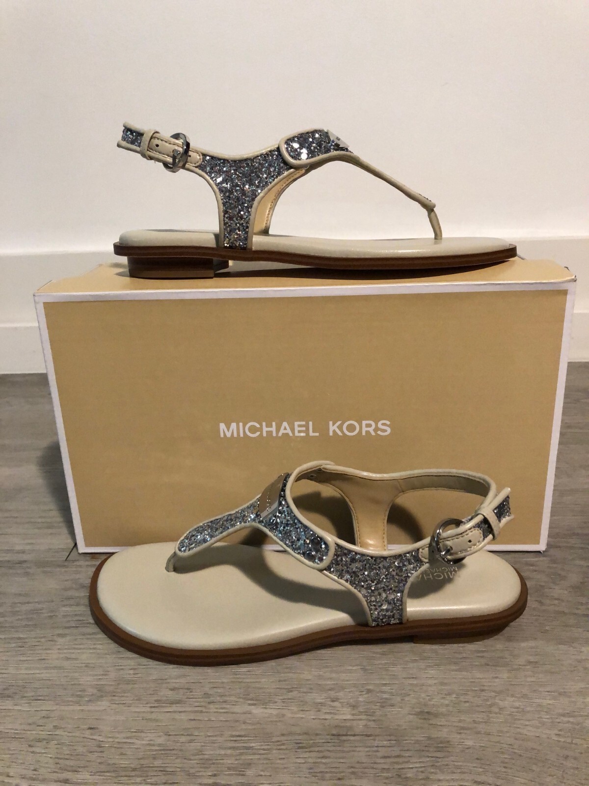 Michael Kors MK Plate Silver Chunky Glitter Sandal Women’s sizes 5-11/NEW!!!