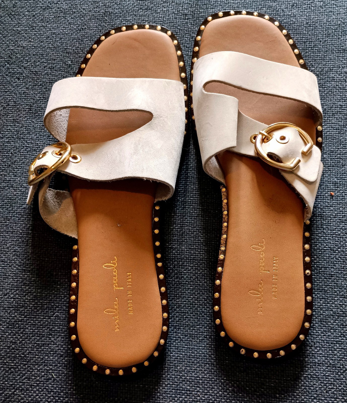 Coach & Four Made In Italy – Women’s Studded Buckle Slide Sandals White Leather
