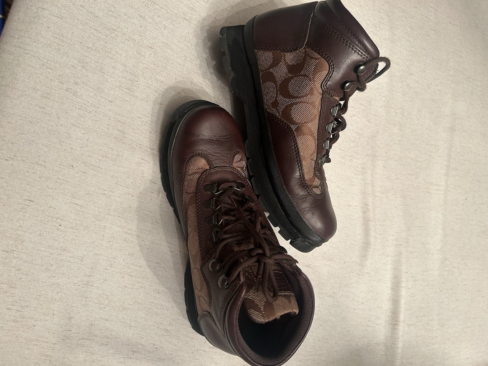 Coach Womens Hannah Brown Leather Signature Monogram Canvas Hiking Ankle Boots