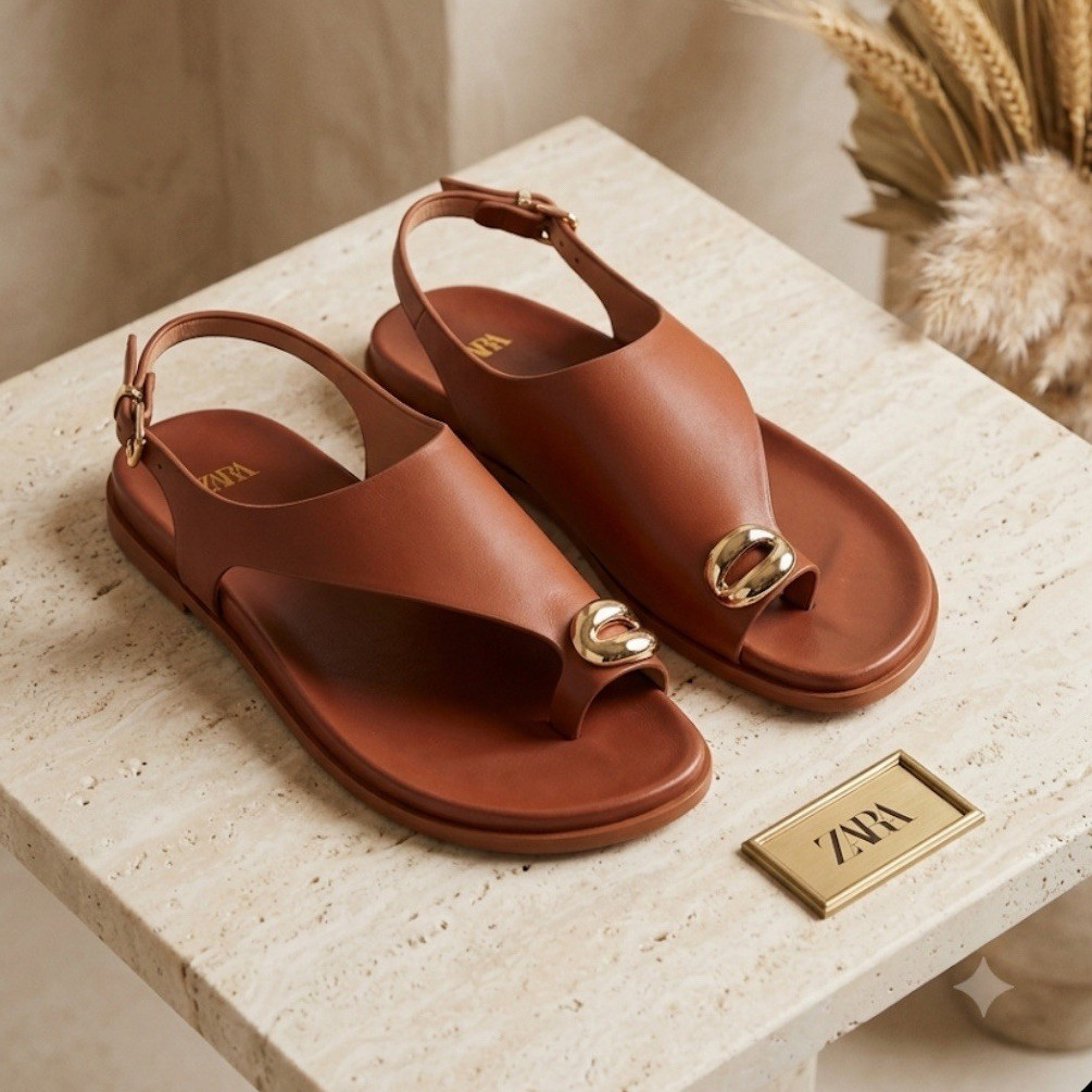 ZARA Women’s Brown Slingback Toe Ring Flat Sandals w/ Buckle Ankle Strap