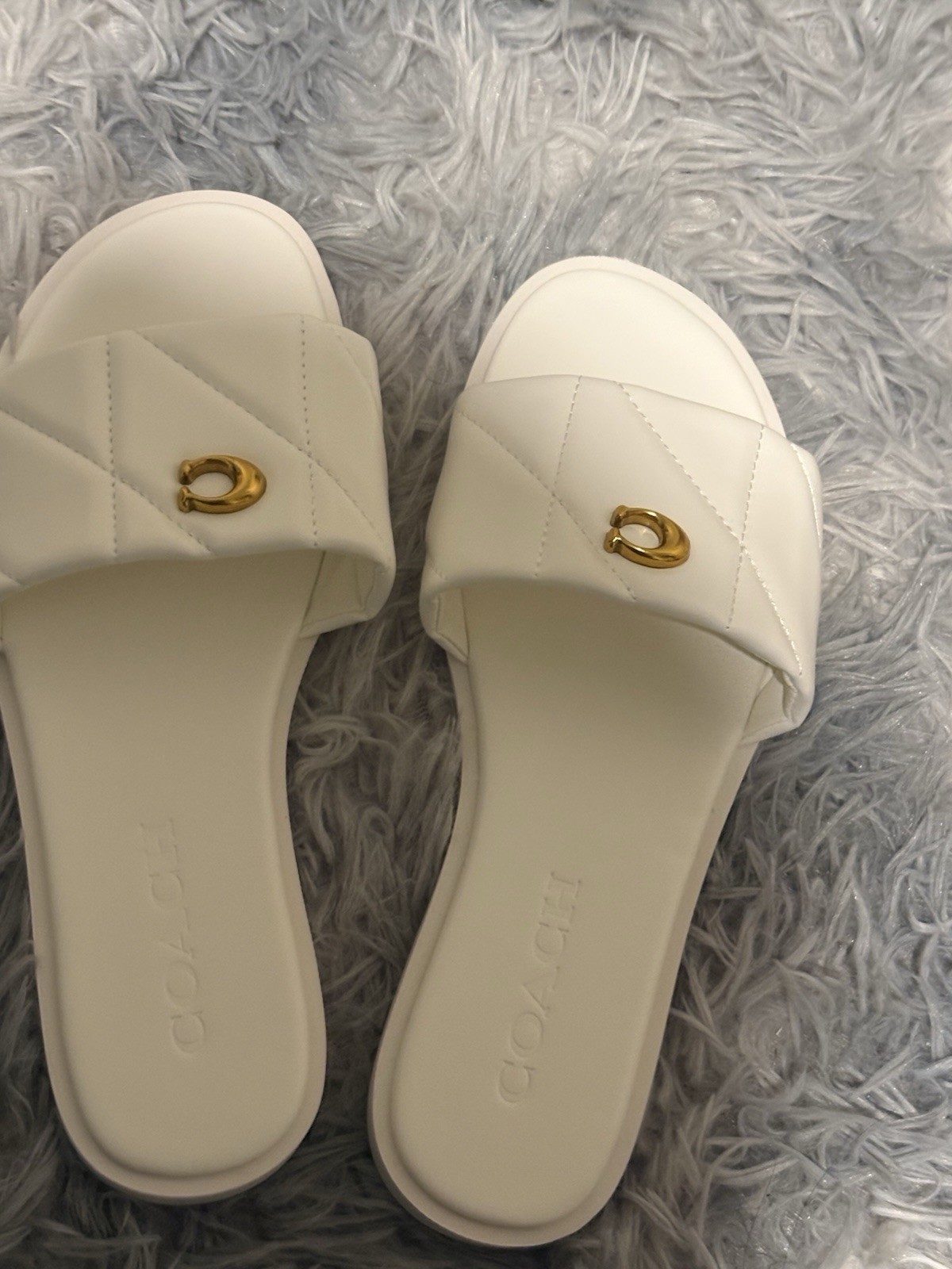 Coach White Quilted Leather Slide Sandals Gold Logo Women’s US 8 EU 38