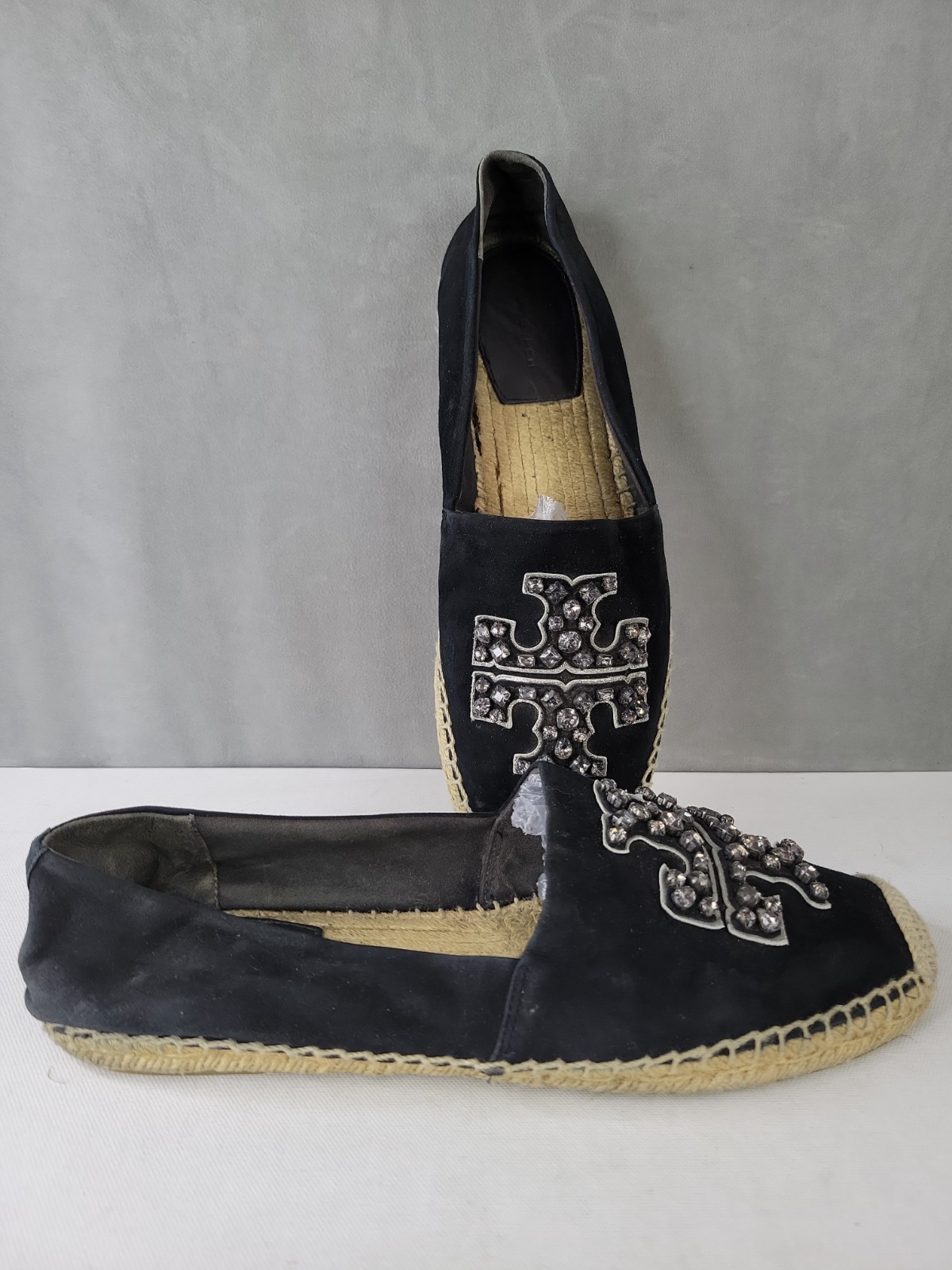 Tory Burch Women’s Black Leather Eleanor Tonal Logo Espadrilles Shoes Size 10.5