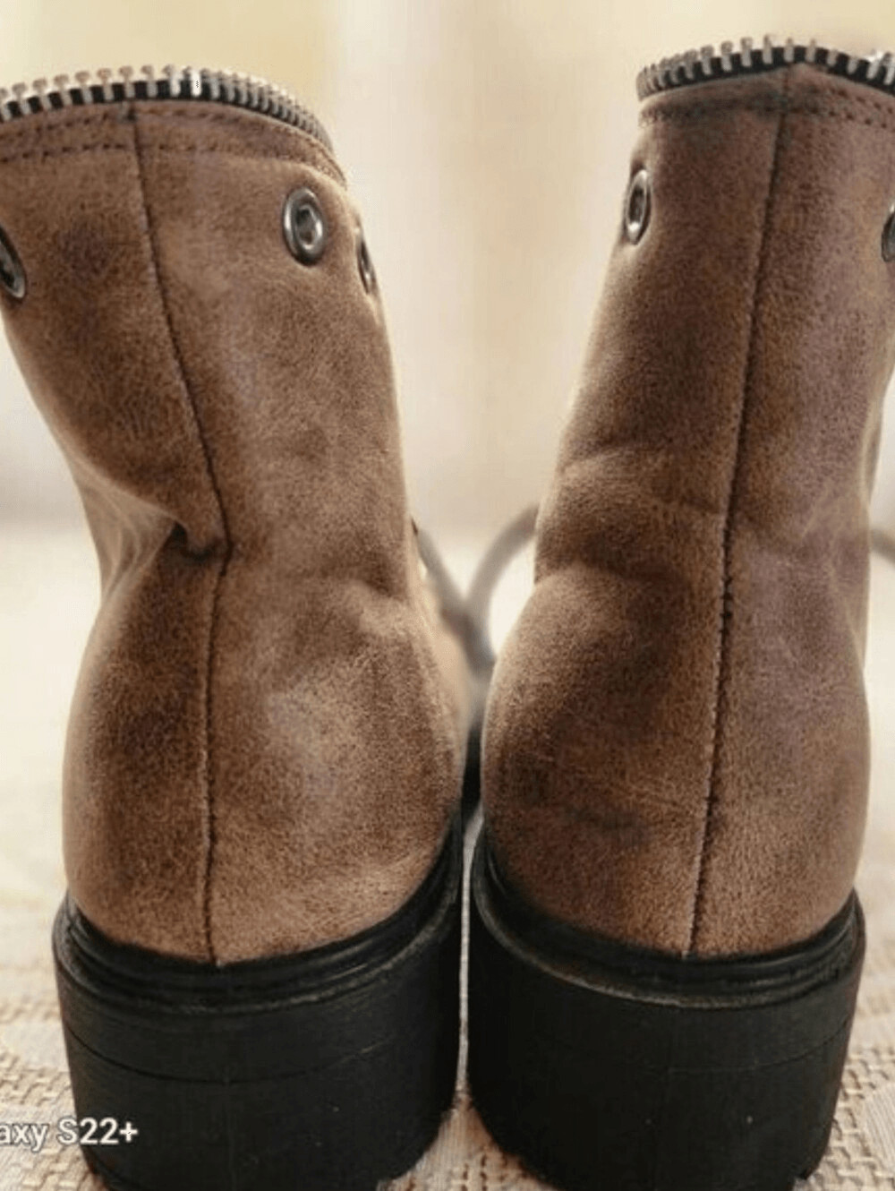 Cupid faux Leather Lace-Up Ankle Boots in Taupe w metal eyelets and zipper trim