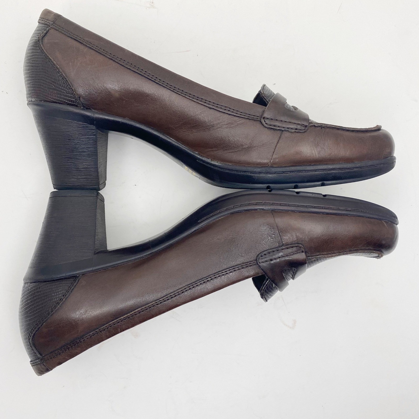 Clarks Penny Loafer Lizard Embossed Block Heel Pumps Womens 11W Brown