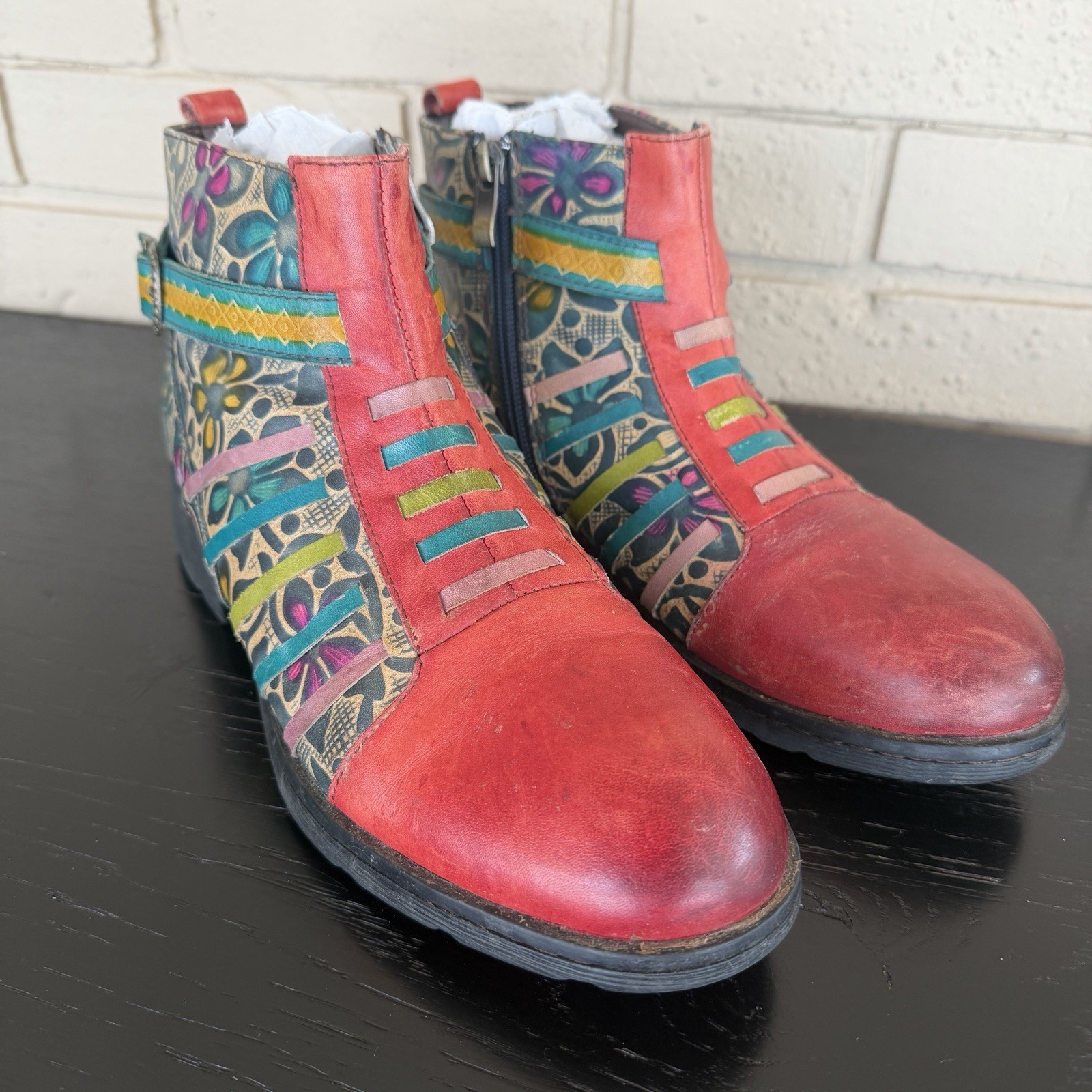 Socofy Leather Art To Wear Boho Floral Ankle Boots Hippie Artisan EU 40 US 9