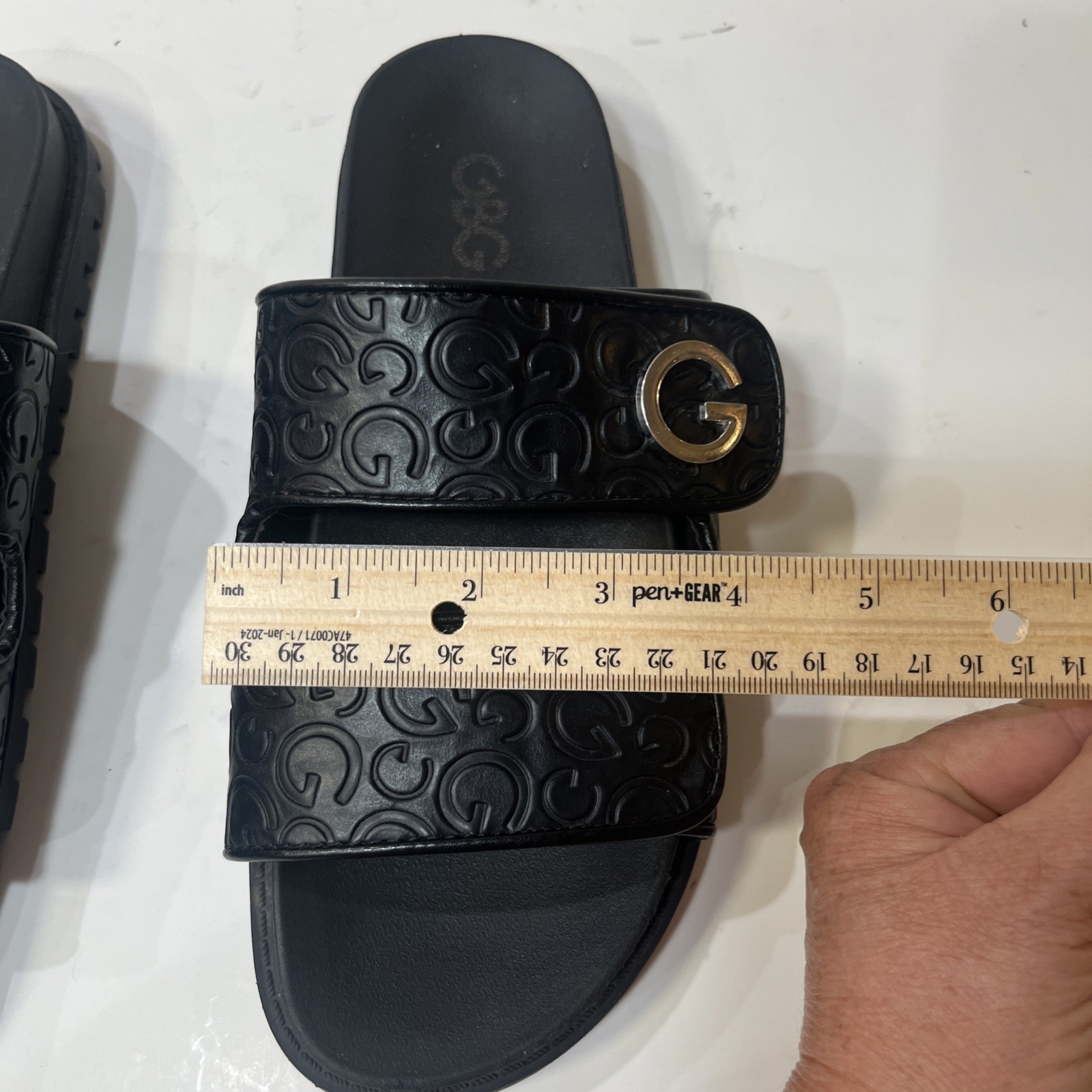 Guess GBG Black Embossed Slides Sandals Silver Accent Size 8M