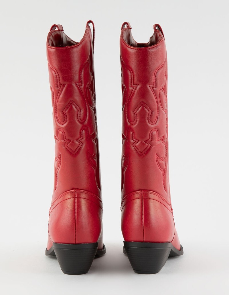 New Red Embroidered Western Cowboy Cowgirl Mid Calf Boots Low Block Heel Pull-On