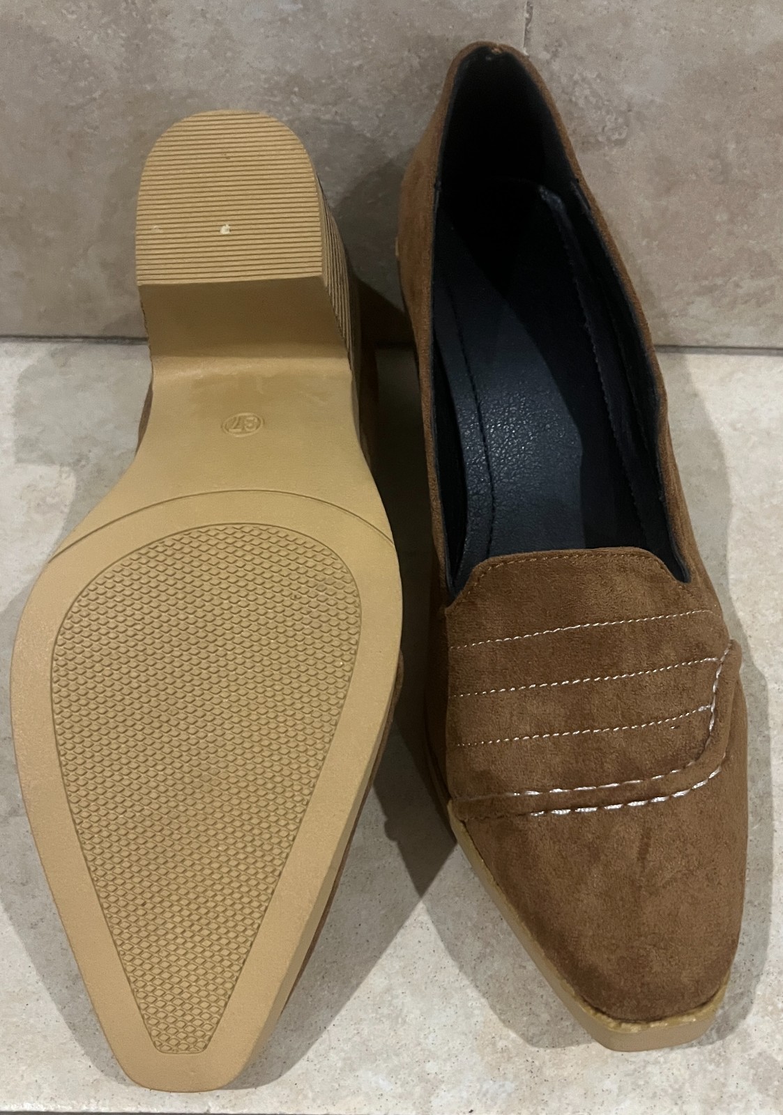 Women’s Brown Faux Suede Loafer Pumps Size 7 Block Heel Slip-On Dress Shoes