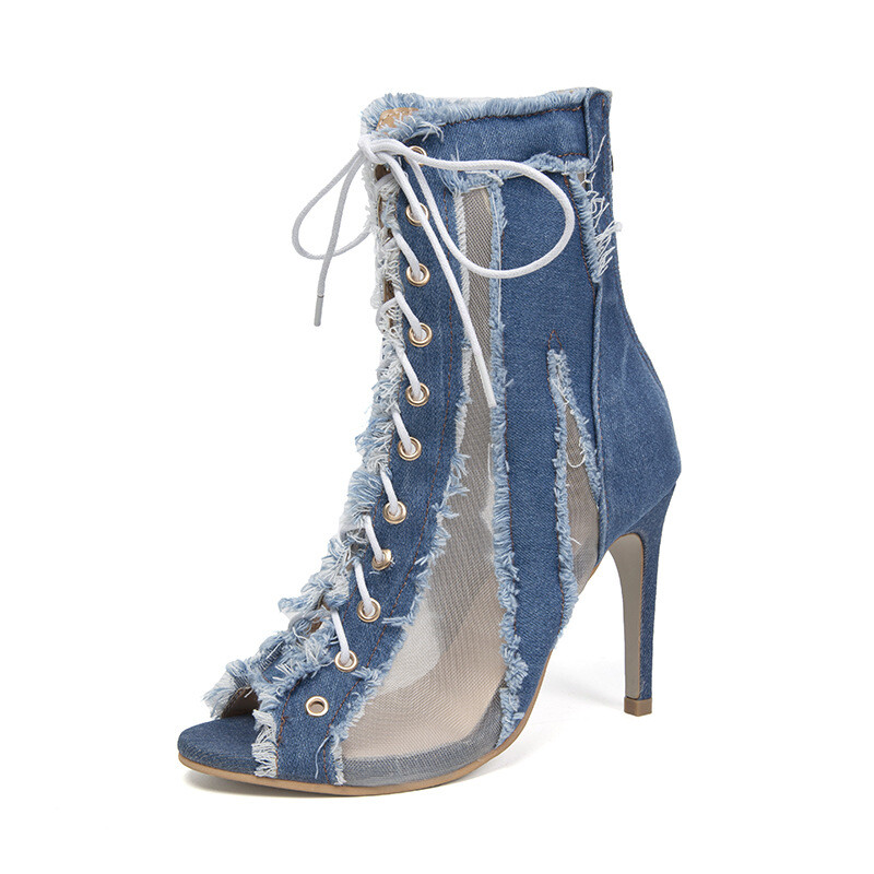 New Women Lace Up Peep Toe Sexy High Heels Mesh Denim Fashion Sandals Boots
