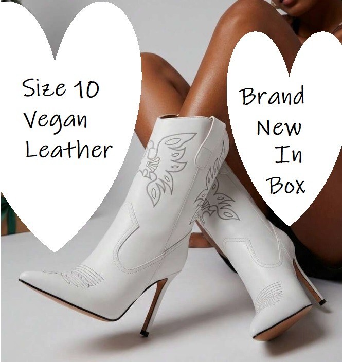 10 VEGAN LEATHER COWGIRL Boots WESTERN Embroidery Mid Calf STILETTO HIGH HEEL