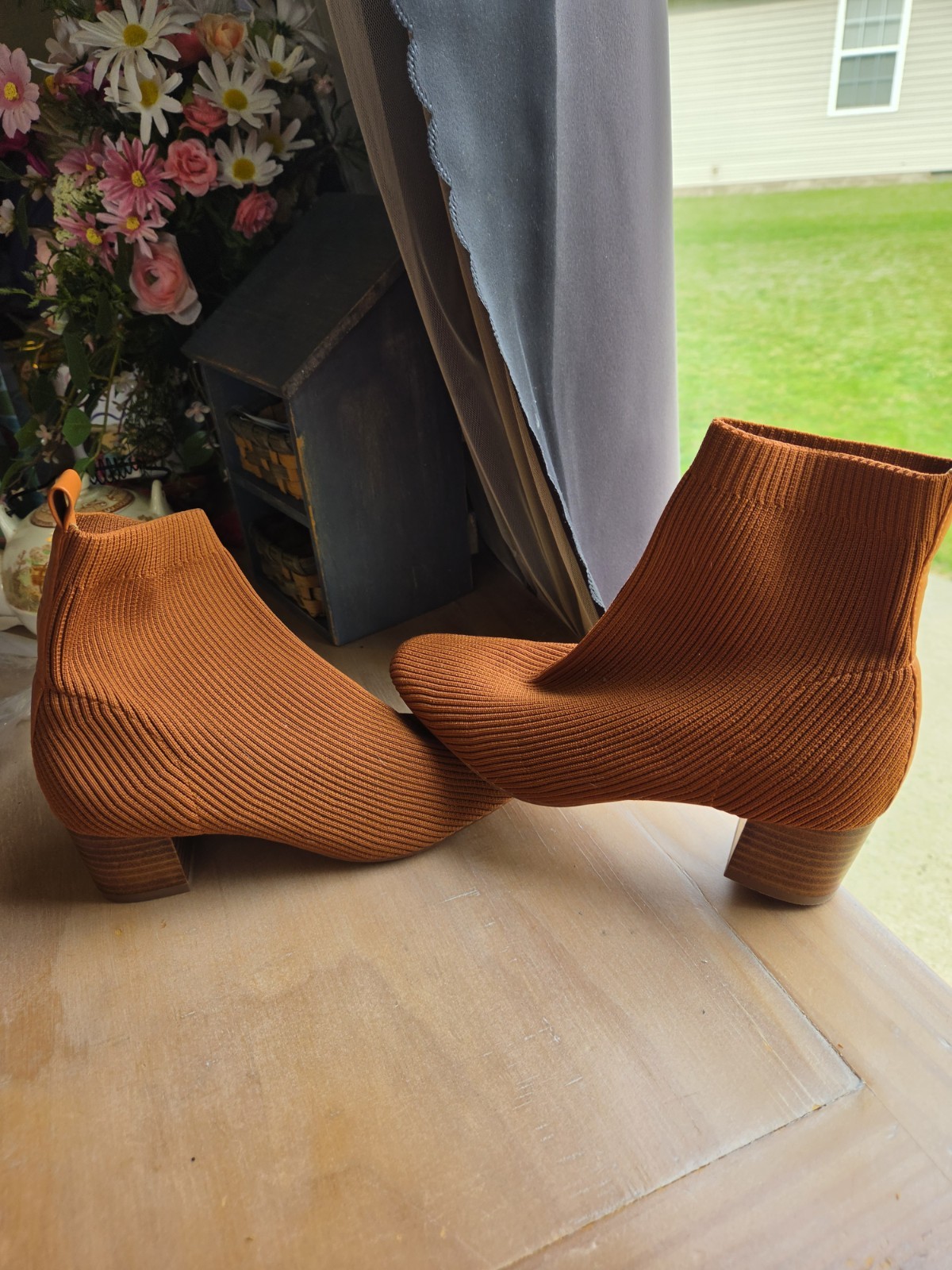 Joie Womens Neely Boots Size 7 Toffee Rust Knit Sock Booties Block Heel Stretch