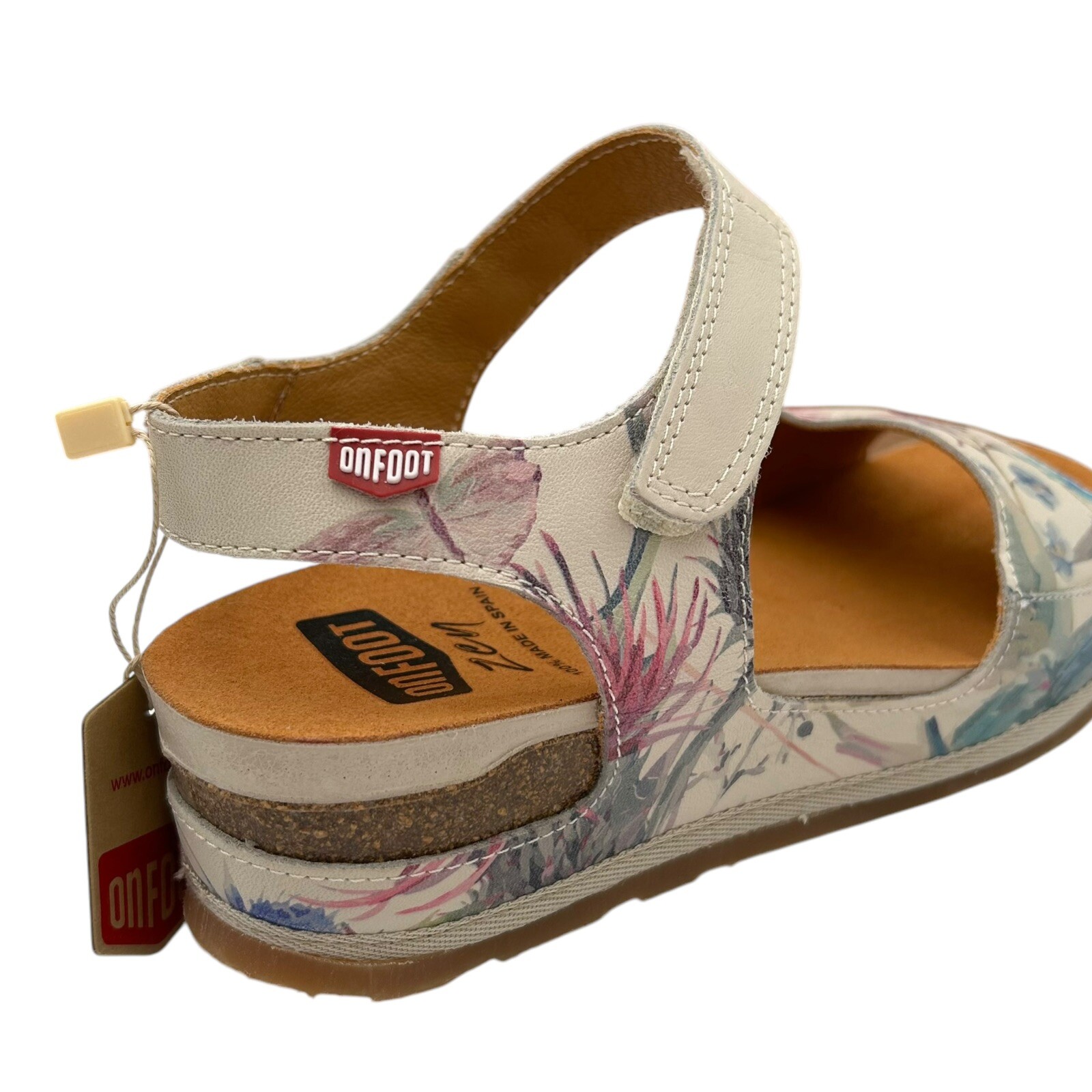 Onfoot Womens Open Toe Leather Sandals Size 8.5/40 Beige/Multicolor Floral Print