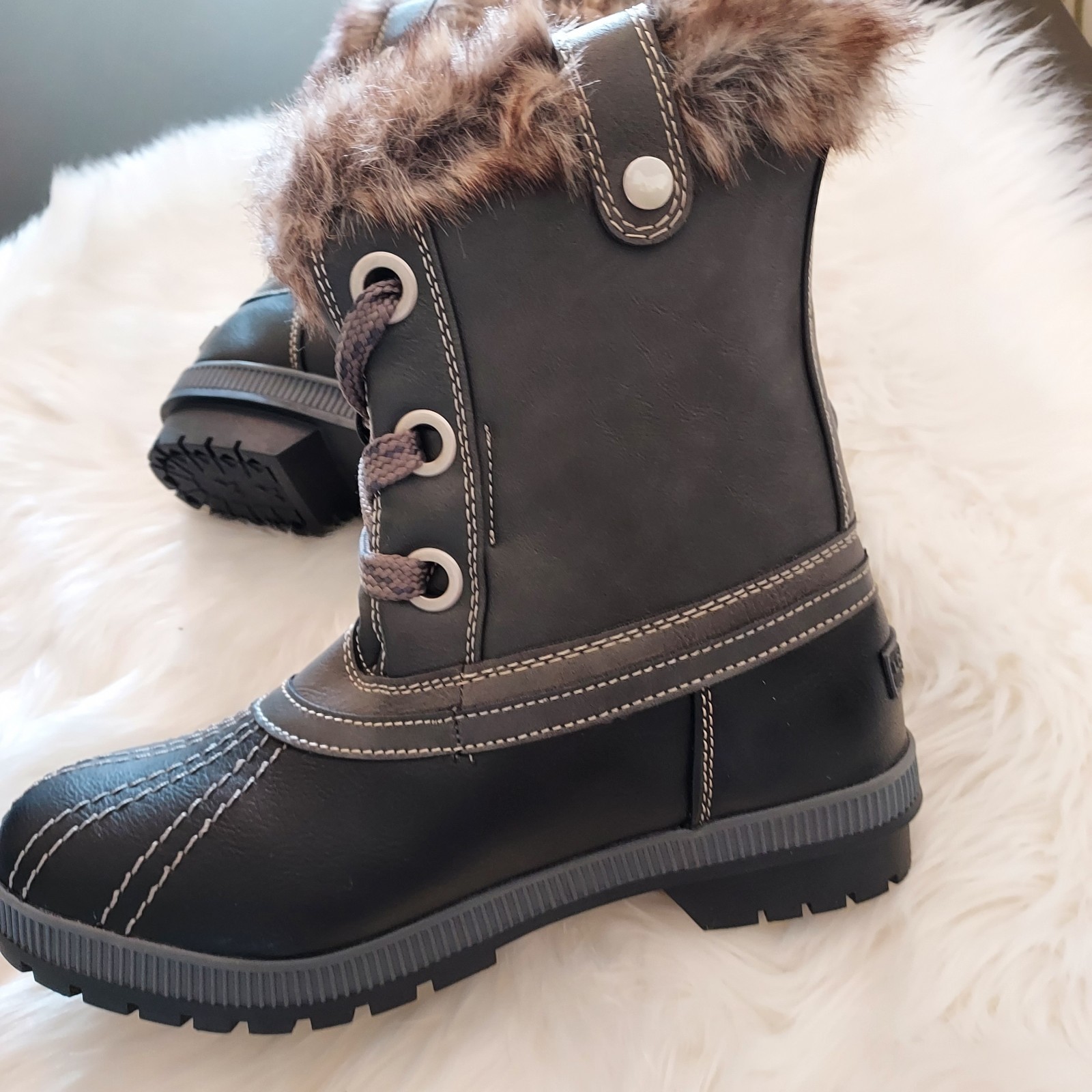London Fog LFW-MILLY Faux Fur Water Resistant Lace Up Winter Boots Black 10M NWB