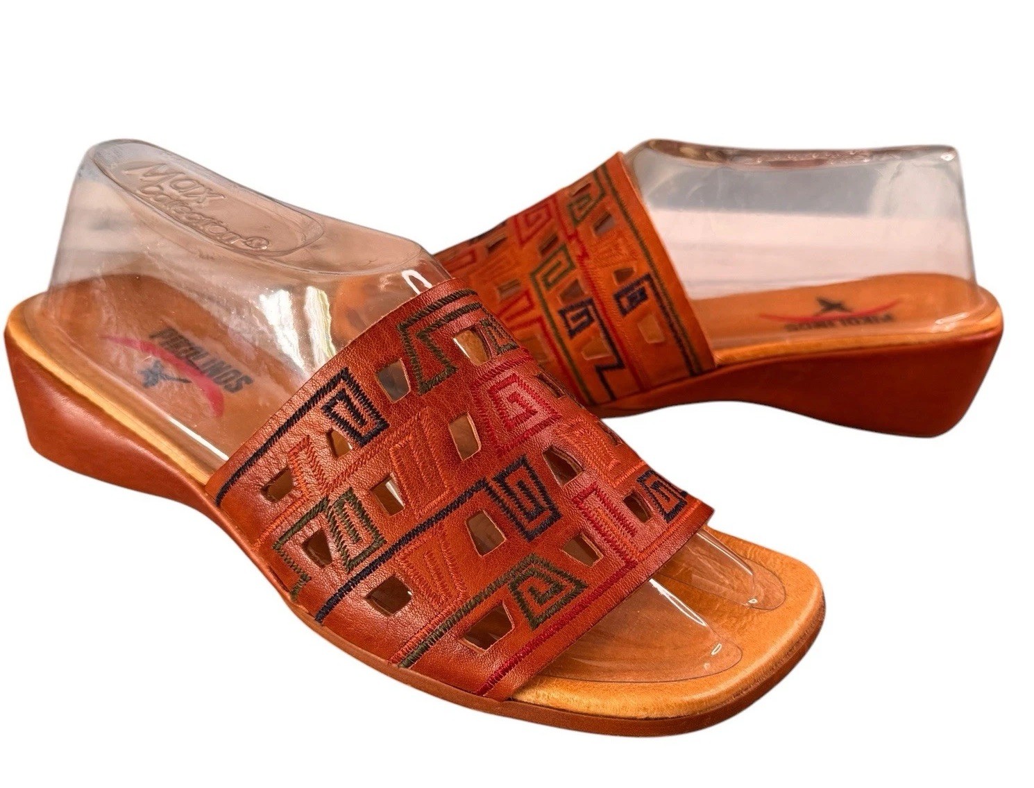 Pikolinos Leather Sandals Caramel Aztec Cutout Low Wedge Slides Size 7/38