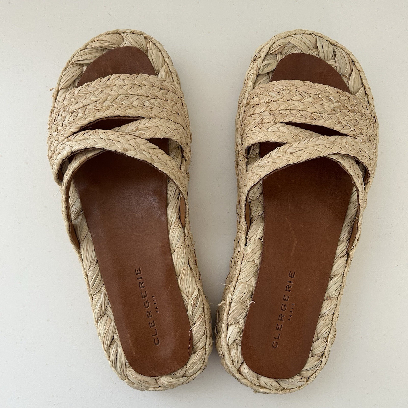 Robert Clergerie Womens Raffia Idalie Sandals Braided Tan Woven Platform Size 39