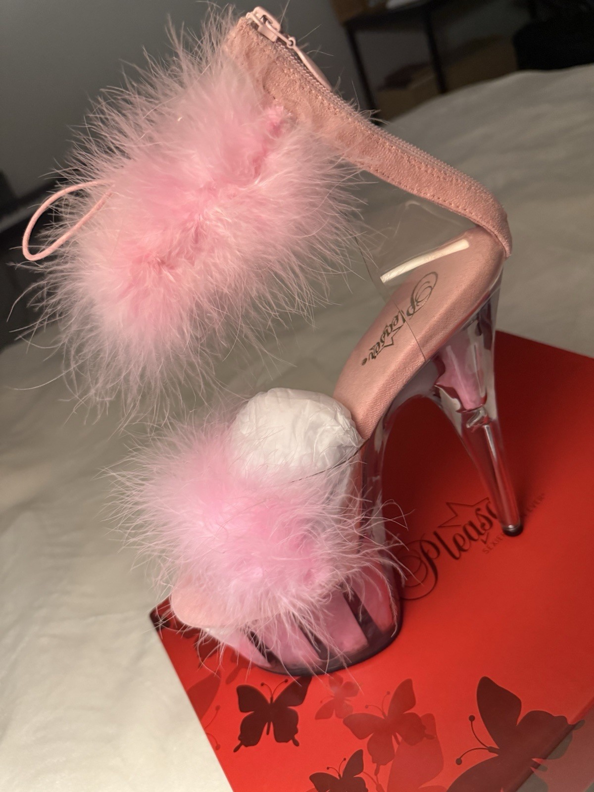 Pleaser 7″ Heel Pf Marabou Fur Ankle Cuff Glitter Sandal Adult Women Ado724F/C
