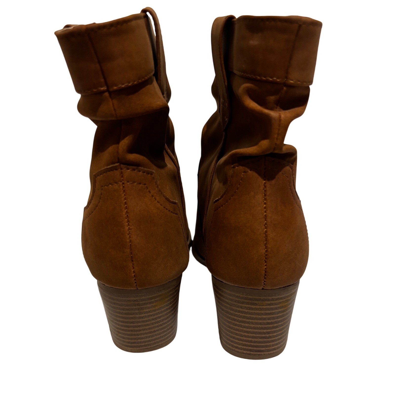 Womens Brown Faux Suede Ankle slouch Boots Western Style Block Heel Size 7 work