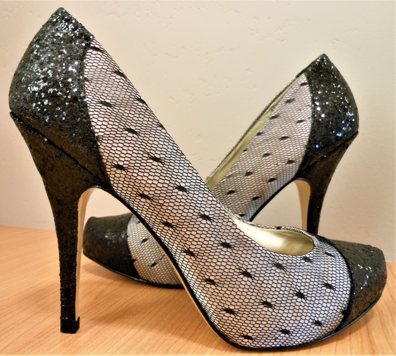 Lulu Townsend ‘Vivian’ Fishnet & Sparkle Stiletto Heel Toe Hidden Platform 7.5