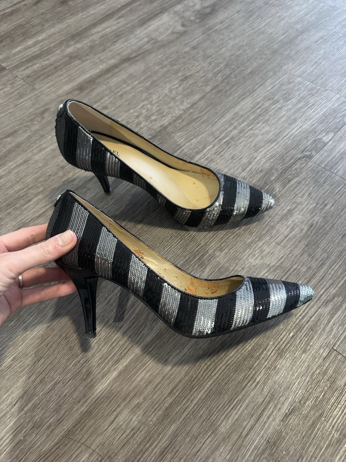 Michael Kors Women’s Leather Pump Heel Black/Silver Striped Sequin 8