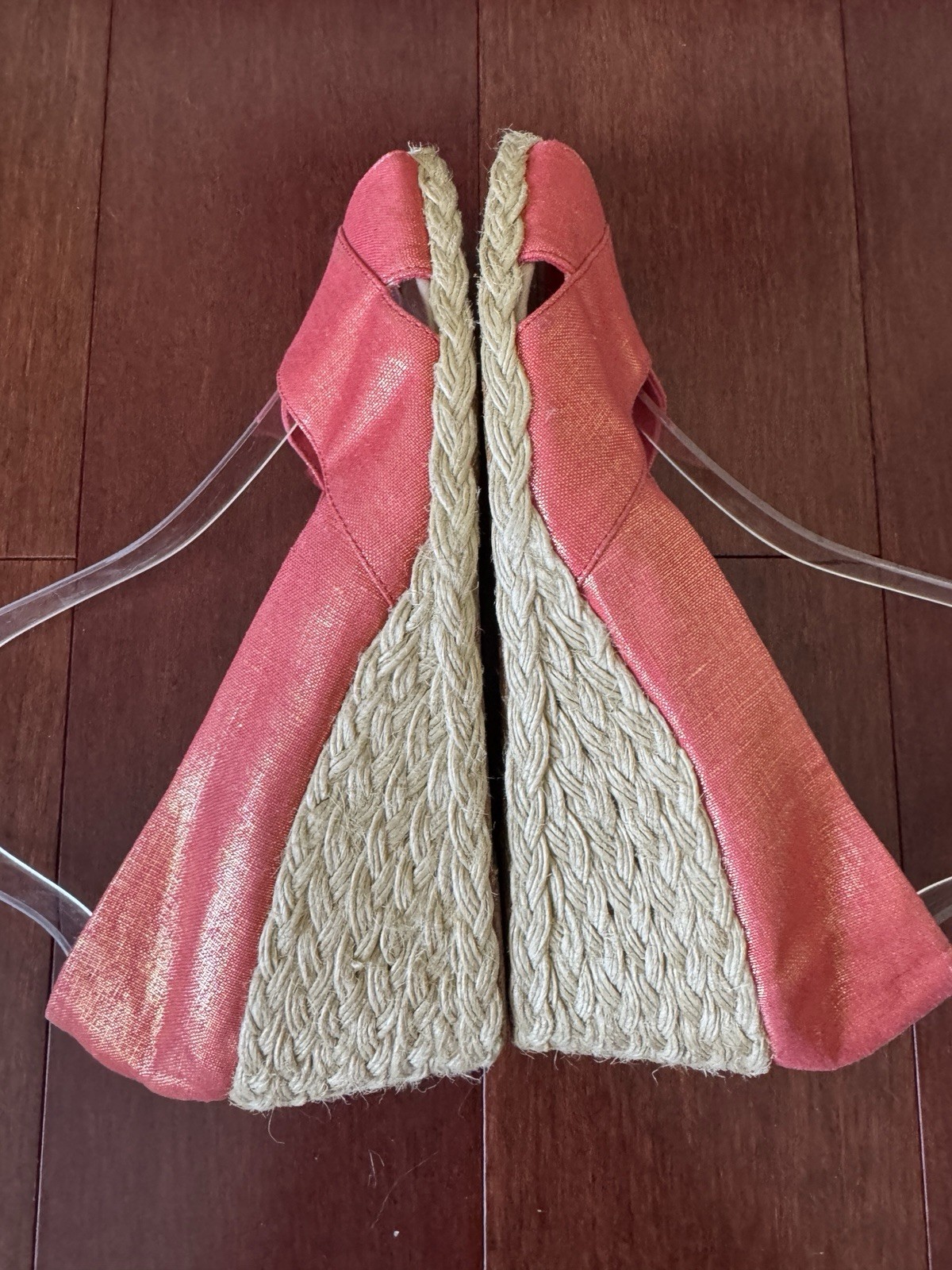 RALPH LAUREN Cecilia Espadrille Wedge Shoes Metallic Coral Pink Size 9