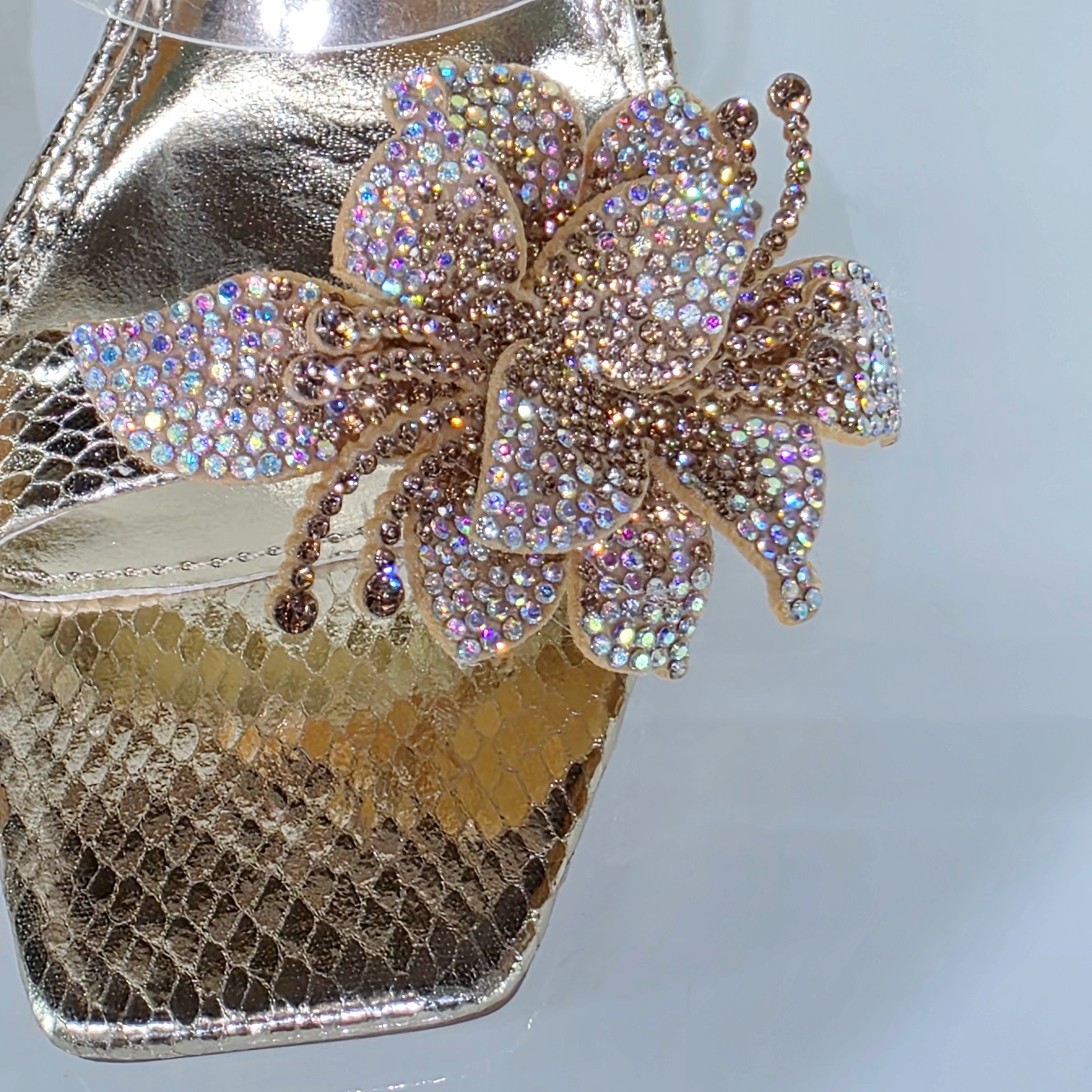 Lily Rhinestone Flower Gold Slip On 3.25″ Heel Casual Evening Party Shoes
