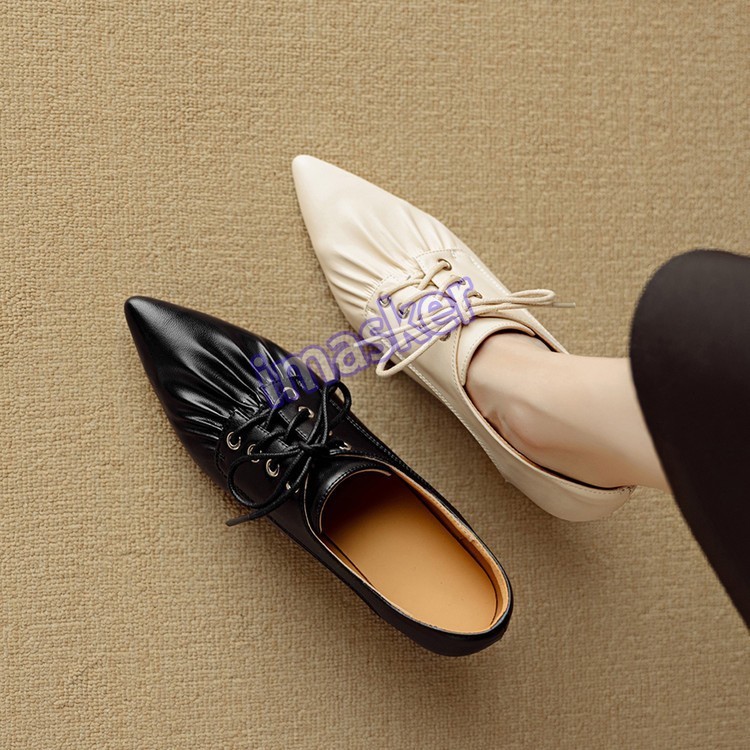 Womens Pointed Toe Real Leather 6.5cm Mid Stiletto Heel Lace Up Low Top Shoes Sz