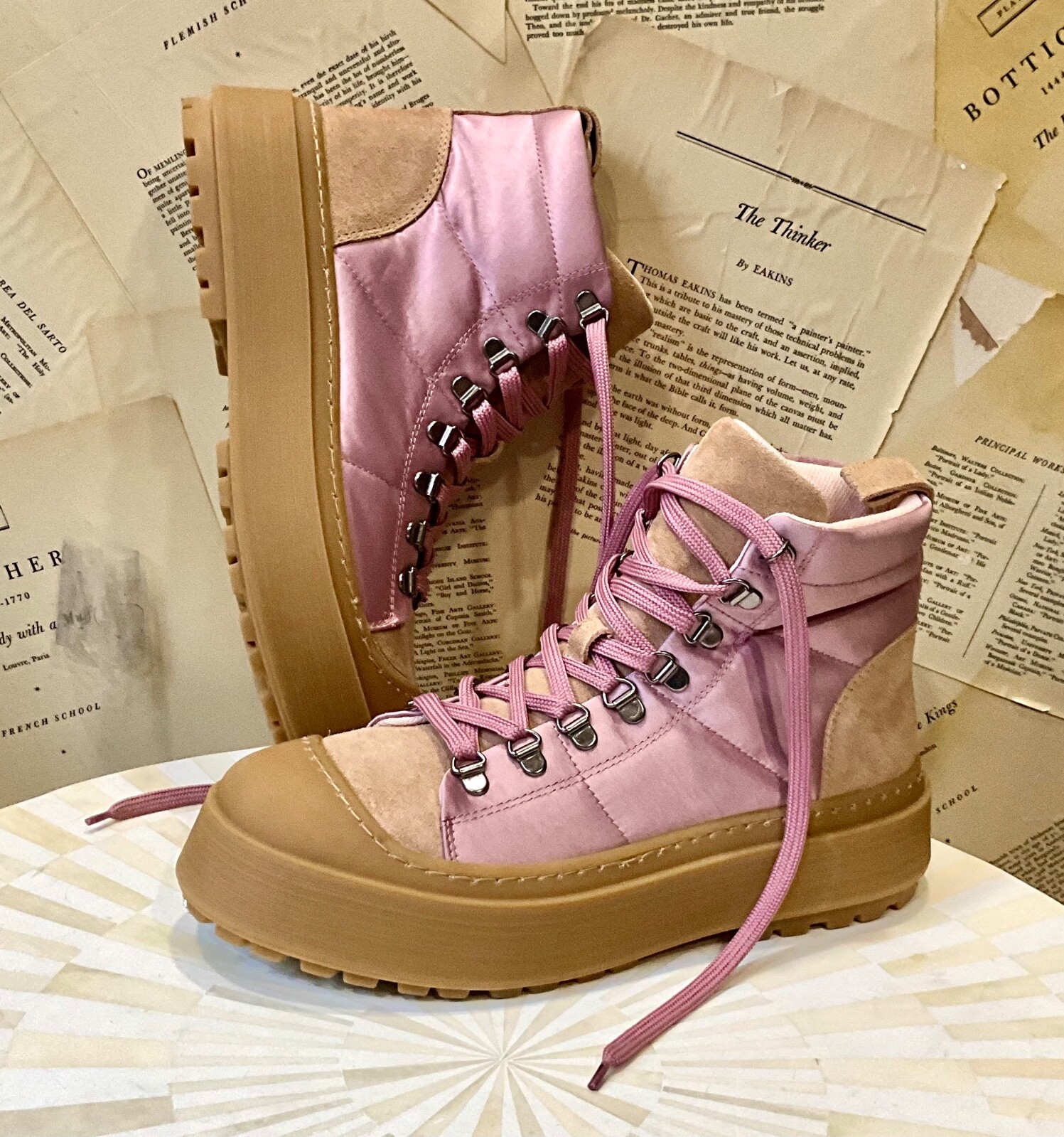 Anthropologie Maeve Hiker Boot Pink Satin Tan Suede Rubber Lace Up 40/ 9-9.5 NEW