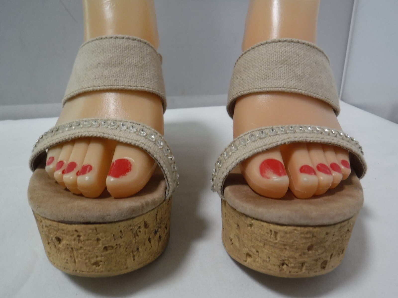 PF2 SBICCA Vintage Collection Cork Platform Beige Canvas Wedge Heel Sandals 8 39