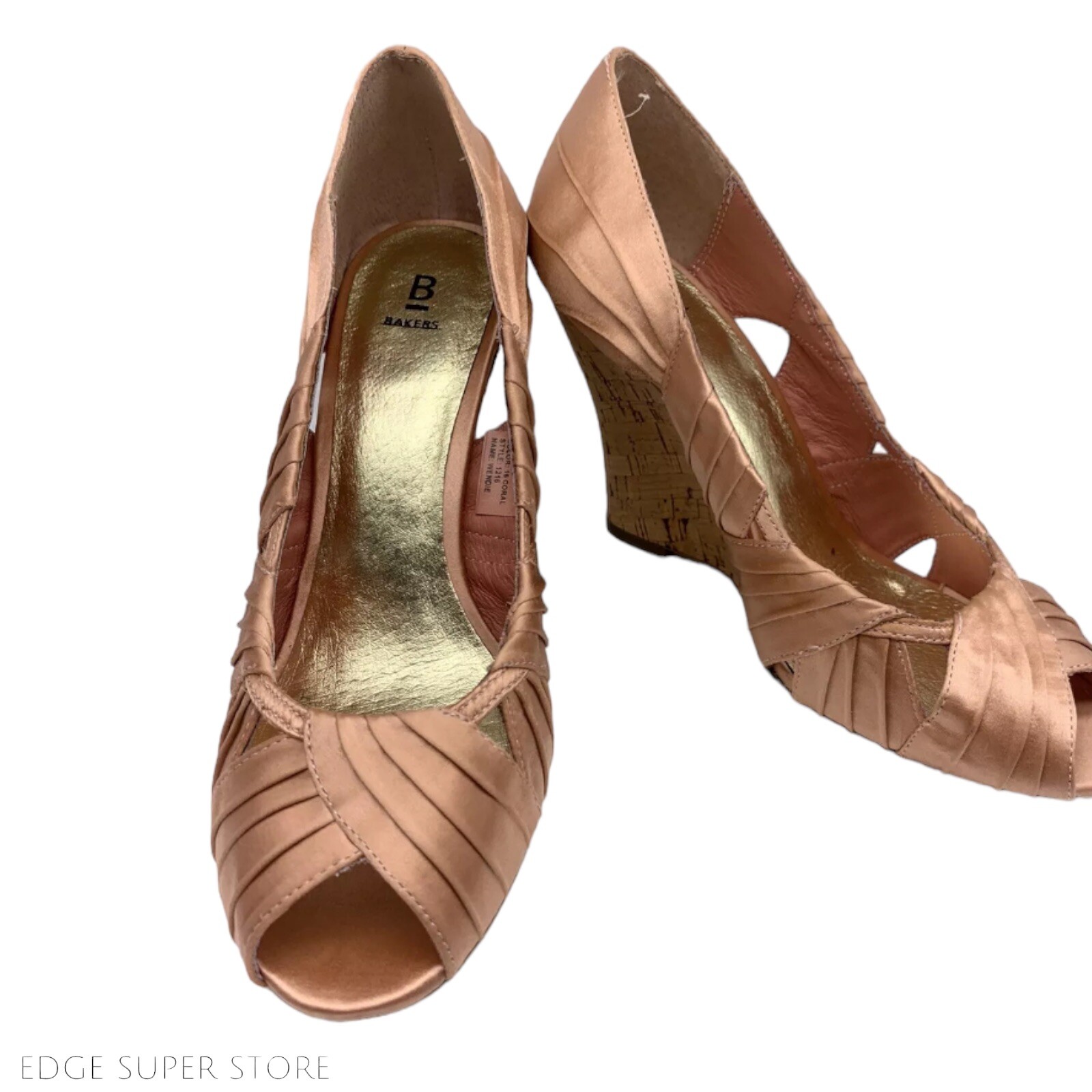 Bakers Light Salmon Satin Pink Wendie Coral Leather Cork Ruched Wedge Heel 8.5 B