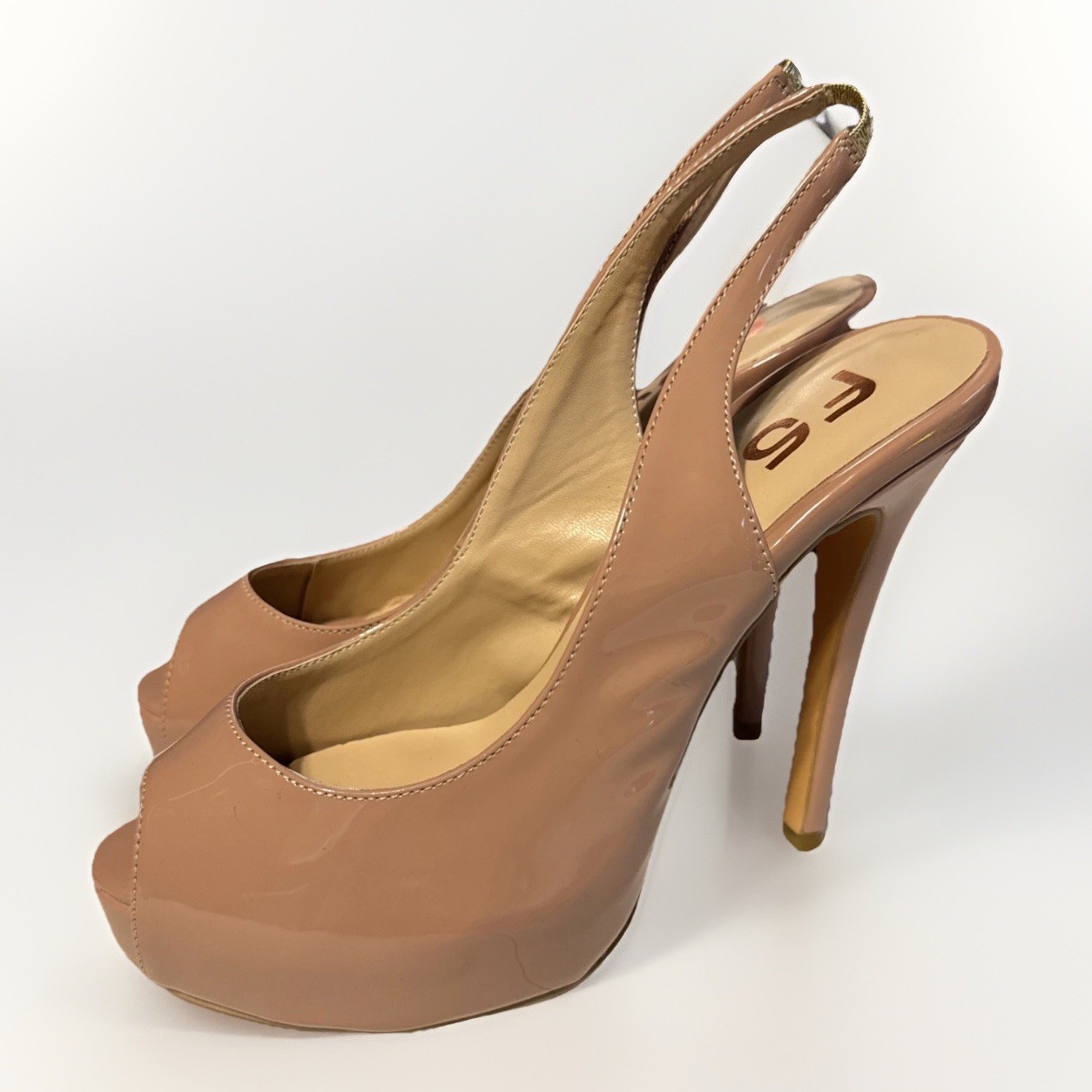 FSJ Nude Patent Slingback Peep Toe High Heels Women’s Size 7 Dress Shoes