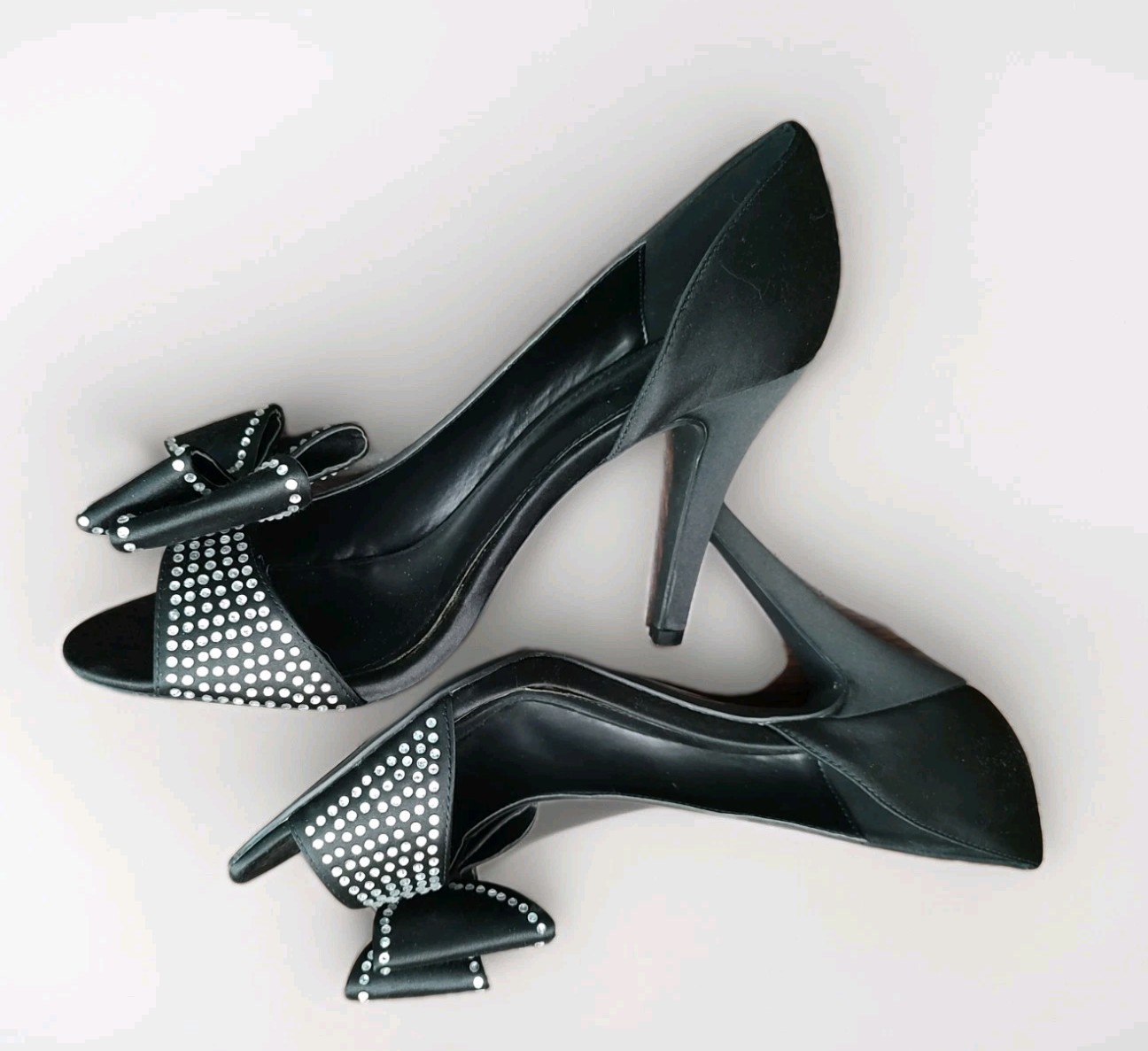 David’s Bridal Izzie Black Satin Peep-toe heels Rhinestone-emb Bow D’Orsay Style