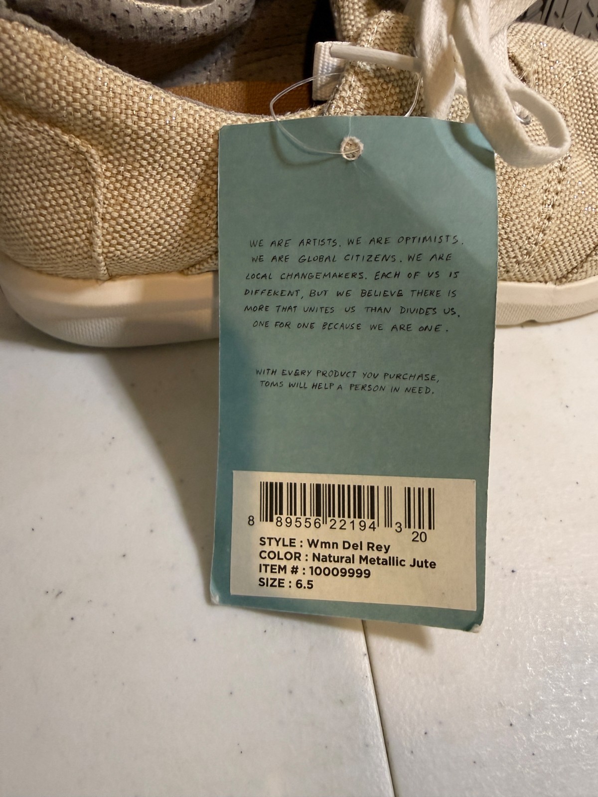 TOMS Womens Del Rey Natural Metallic Jute Lace Up Shoes NWT New – 6.5