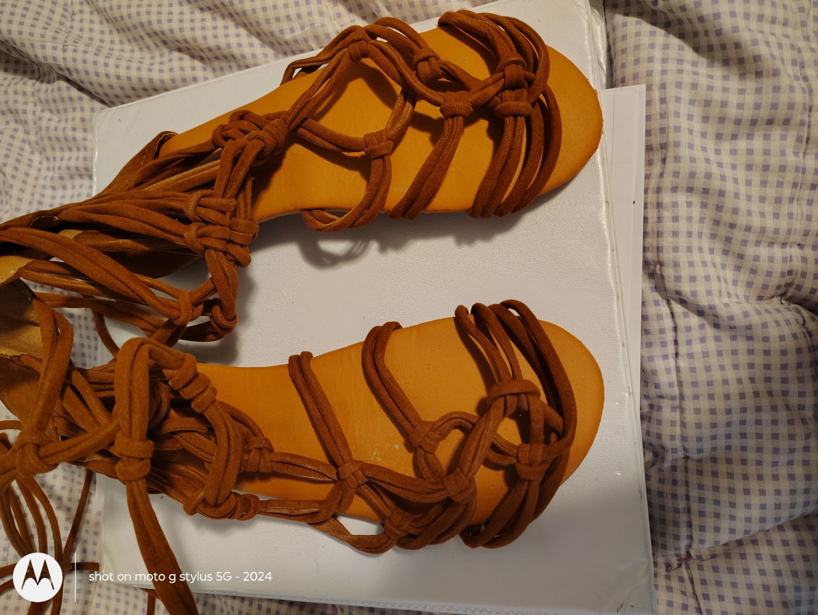 Women’s Brown Strappy Ankle Strap Tie Flat Sandals Knotted Faux Suede 10
