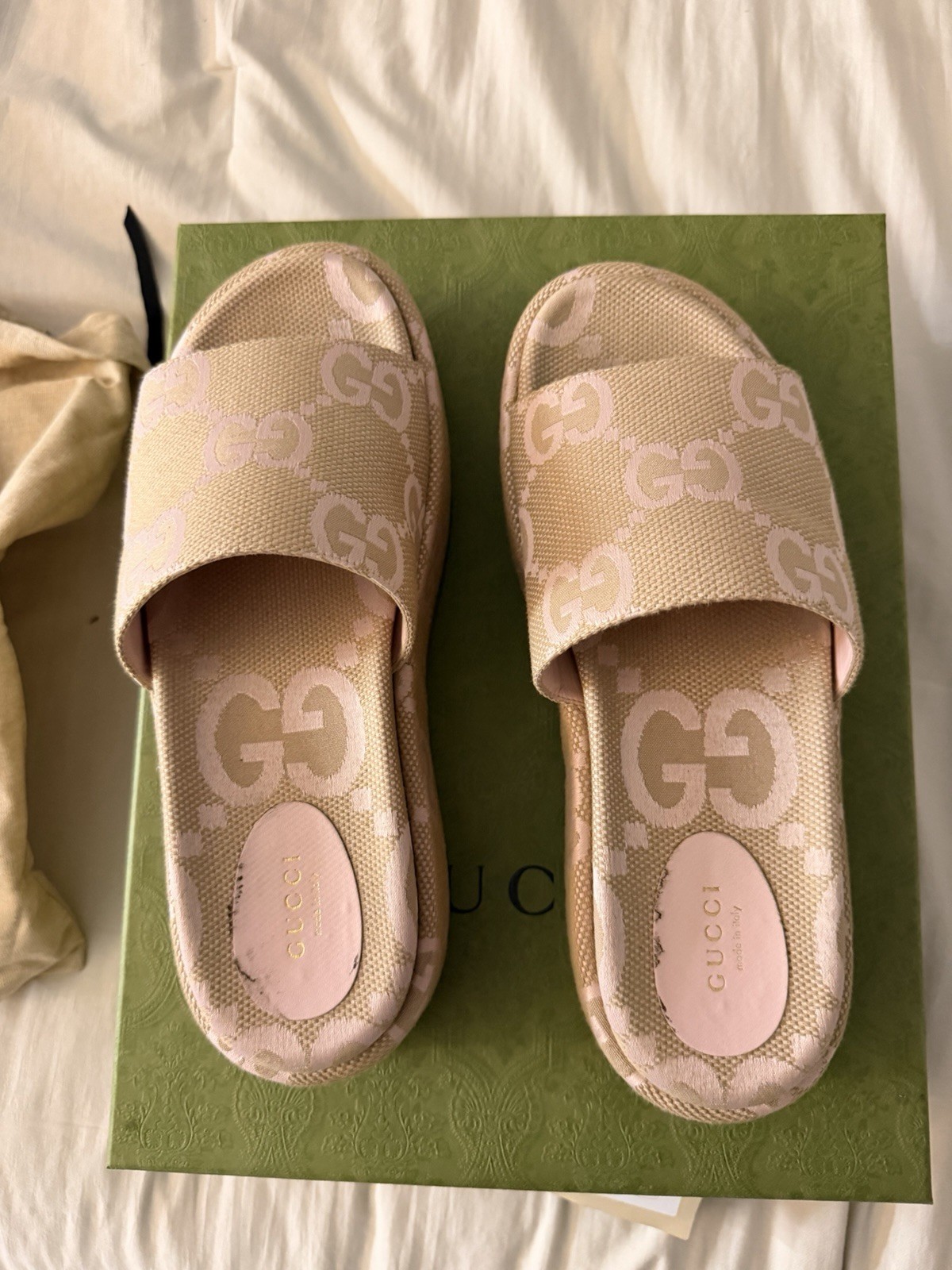 Gucci GG Logo Canvas Platform Slide Sandals Beige Pink Women’s EU 40