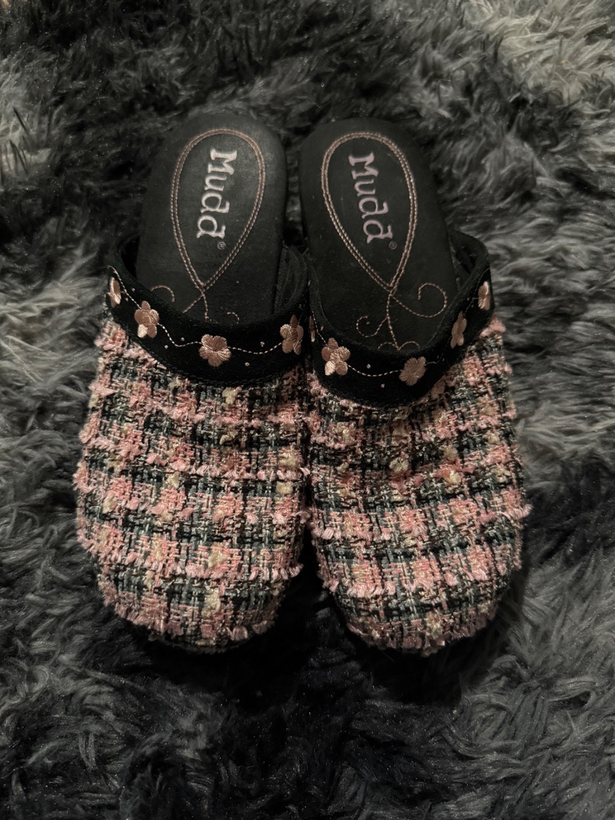 Mudd Y2K Women’s Clogs Pink Tweed Plaid Embroidered Flowers Size 8