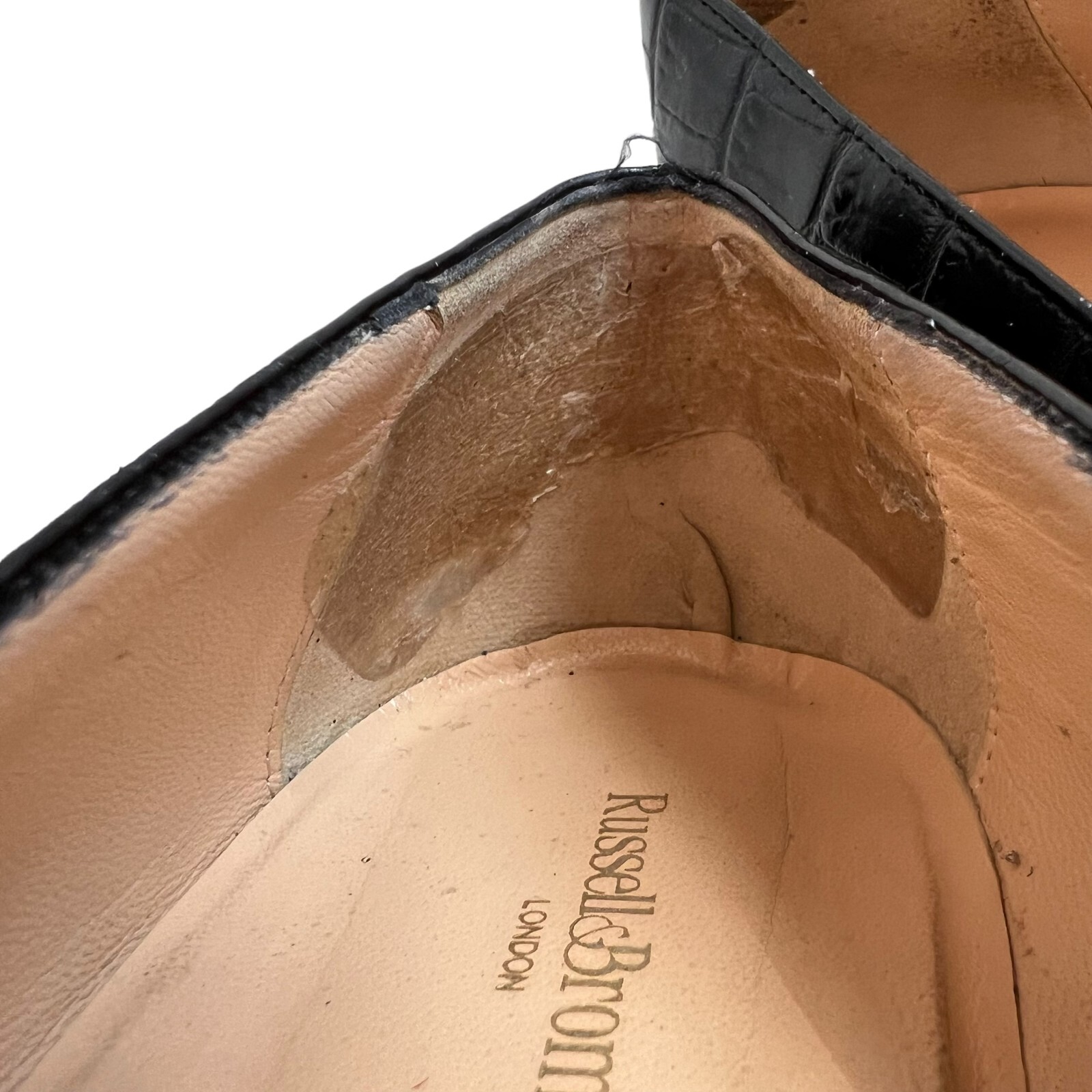 Russell & Bromley flats 39 8 black leather cap toe croc embossed slip on shoes