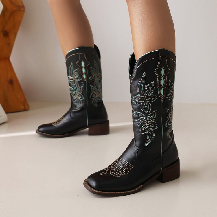 Women’s Faux Leather Pull on Embroidery Mid Calf Boots Retro Outdoor Party Shoes