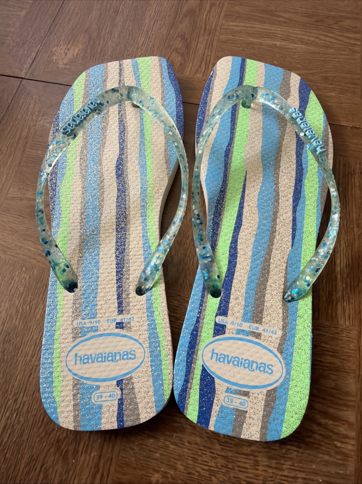 Havaianas Slim Square Folia Flip Flop Blue Stripped Glittery Women’s USA 9/10