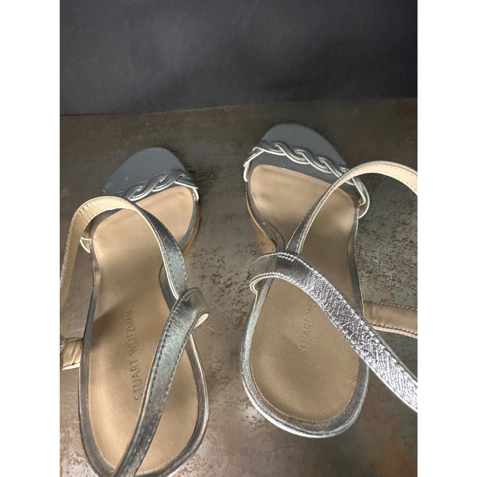 Stuart Weitzman Stiletto Sandals 7.5 Strappy Wedding Elegant Silver Twistie 75
