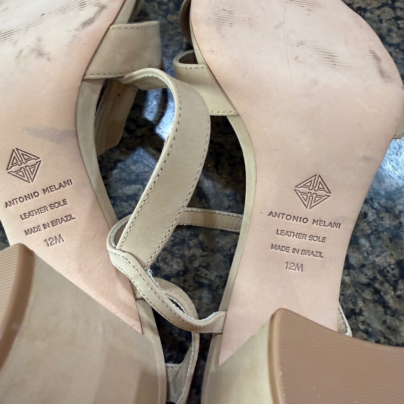 Antonio Melani Nude Suede Strappy Block Heel Sandals Size 12M Made in Brazil