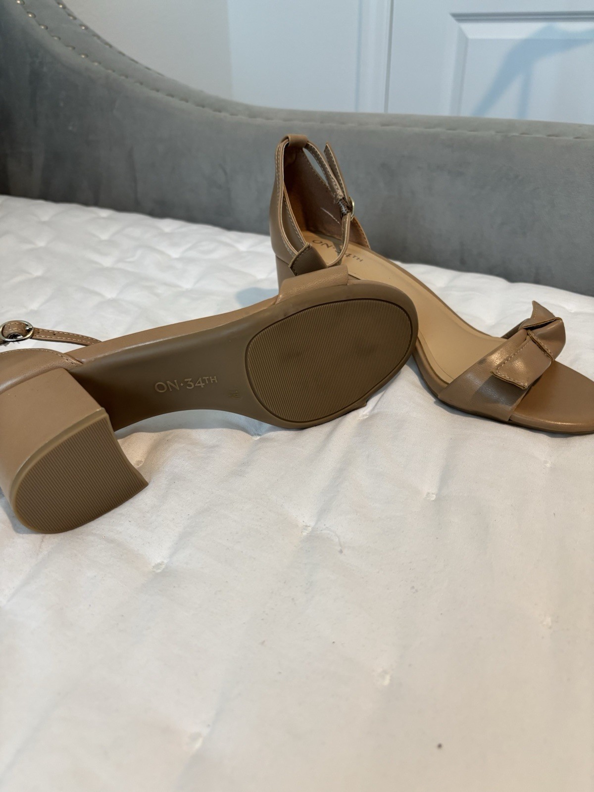 ON 34TH Beige Strappy Ankle Strap Bow Open Toe Block Heel Sandals 7.5