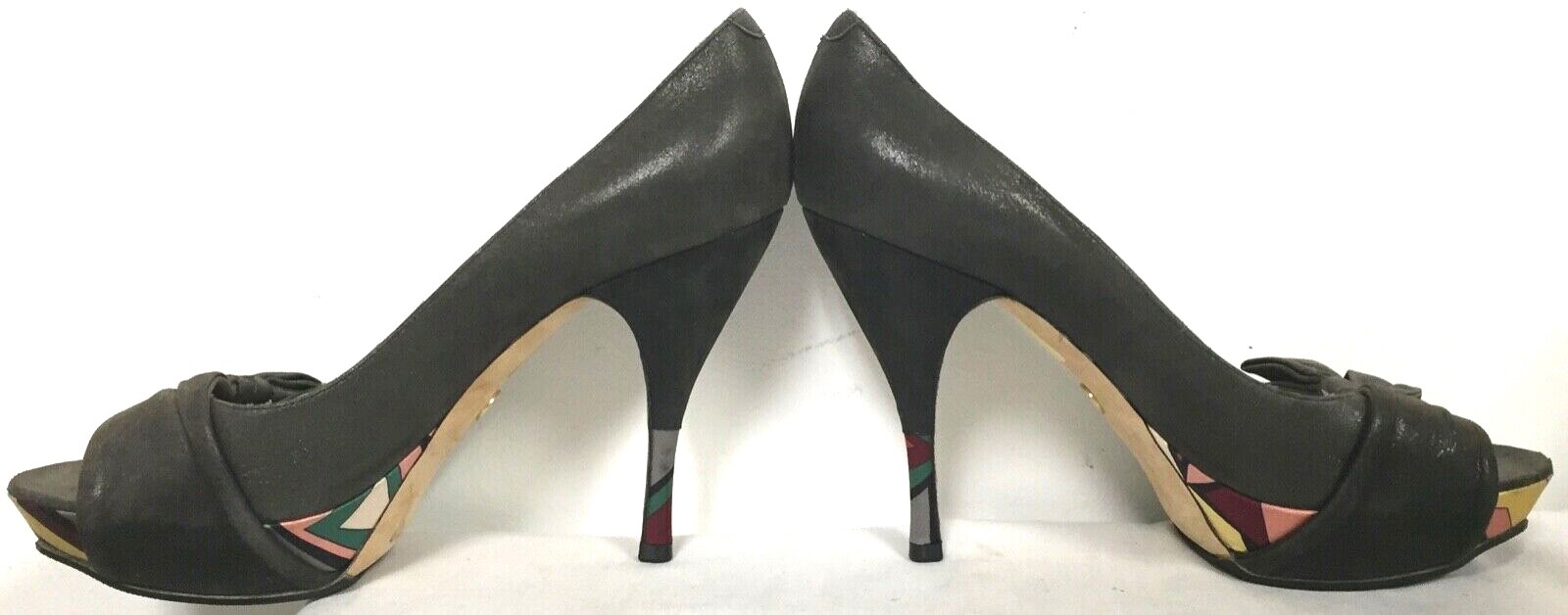 EMILIO PUCCI BROWN SUEDE FEEL W METALLIC PLATFORM PEEP TOE STILETTO PUMPS 38.5